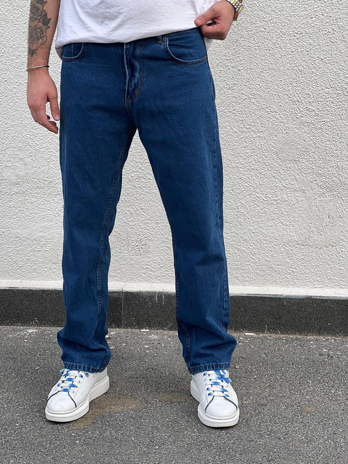 Erkek Baggy Fit Rahat Kesim Loose Jean Kot Pantolon - Mavi