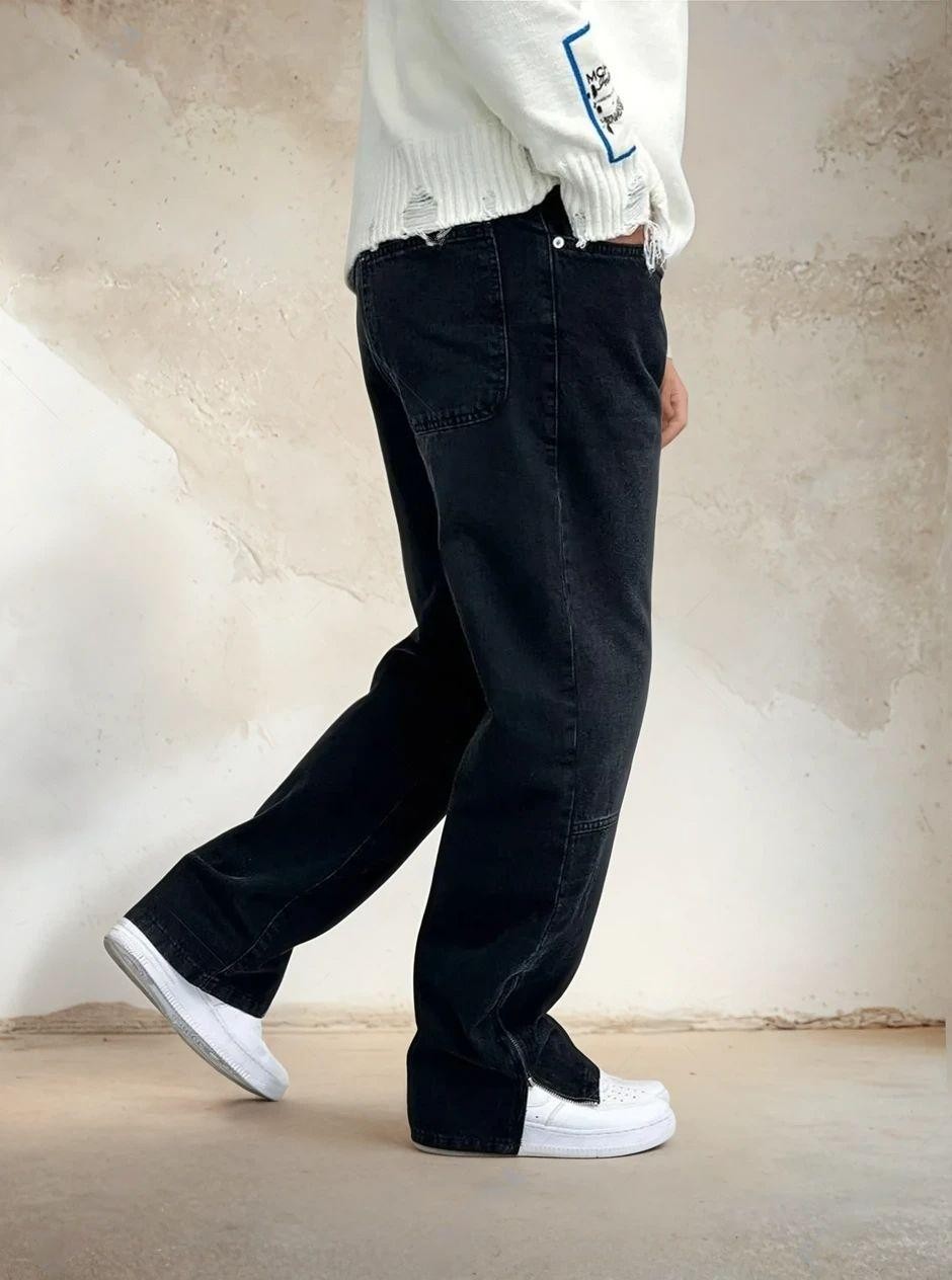 Yan Detaylı Efektli Rahat Kalıp Baggy Kot Pantolon - Siyah