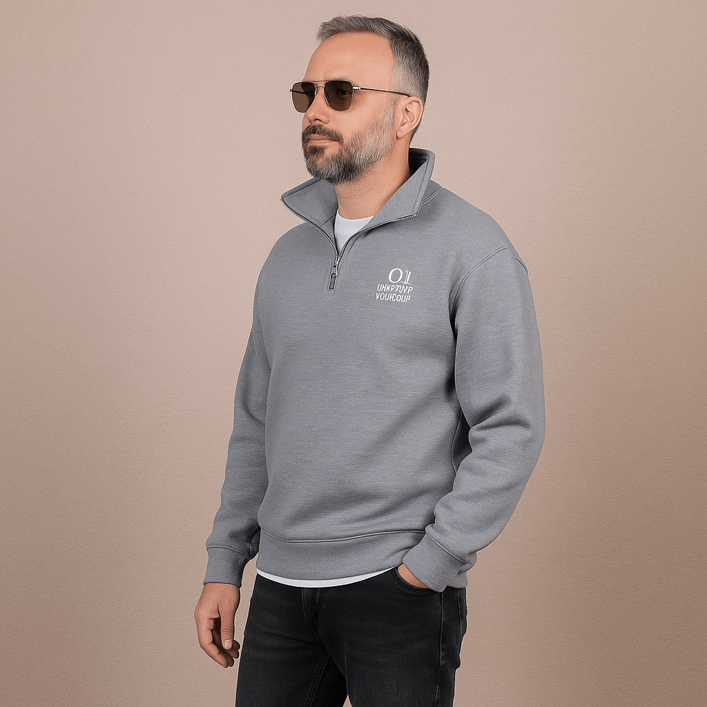 Yarım Fermuarlı Nakışlı Sweatshirt - Gri