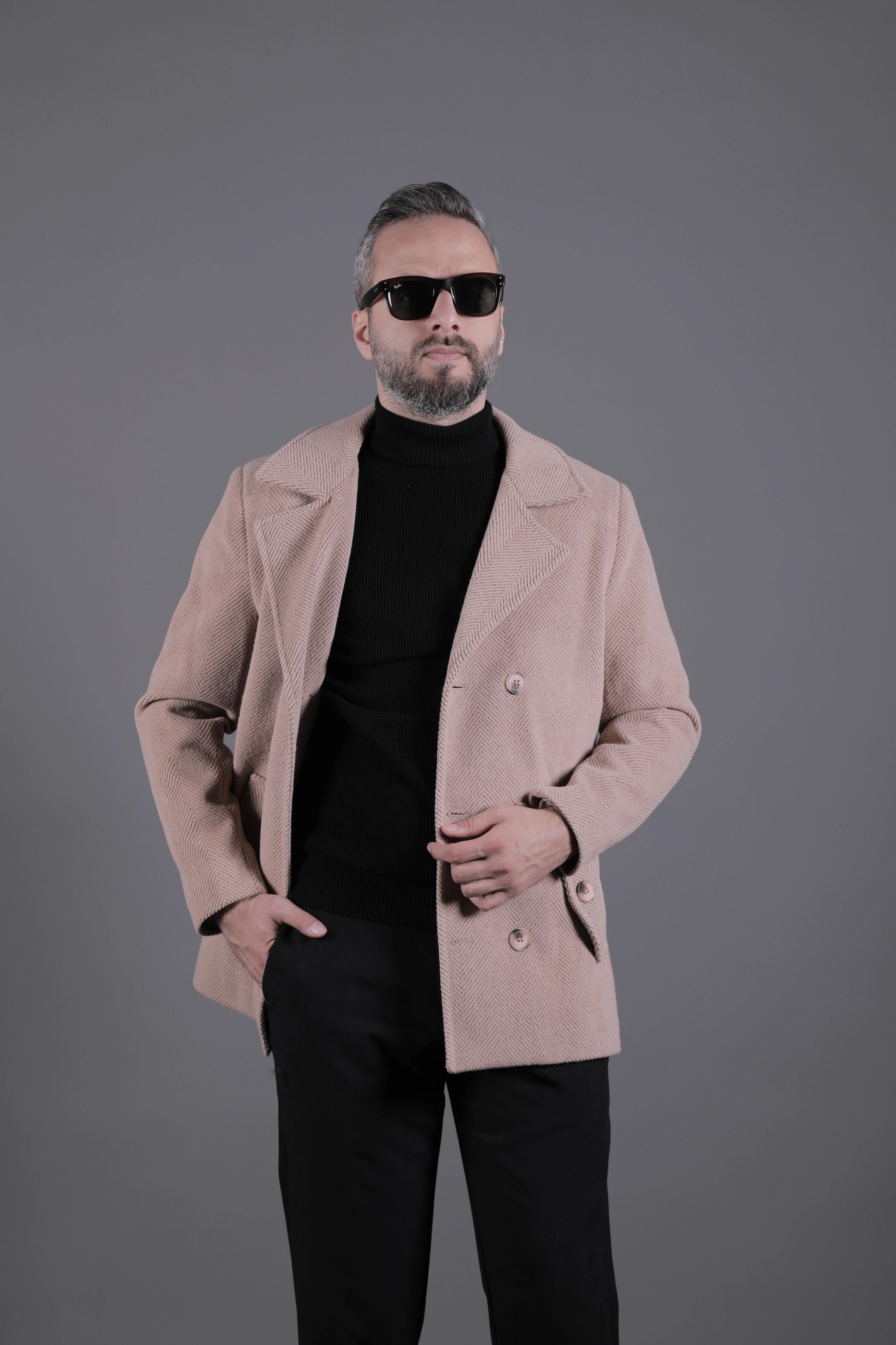 Desenli Kruvaze Erkek Kaşe Kaban - Sütlü Kahve