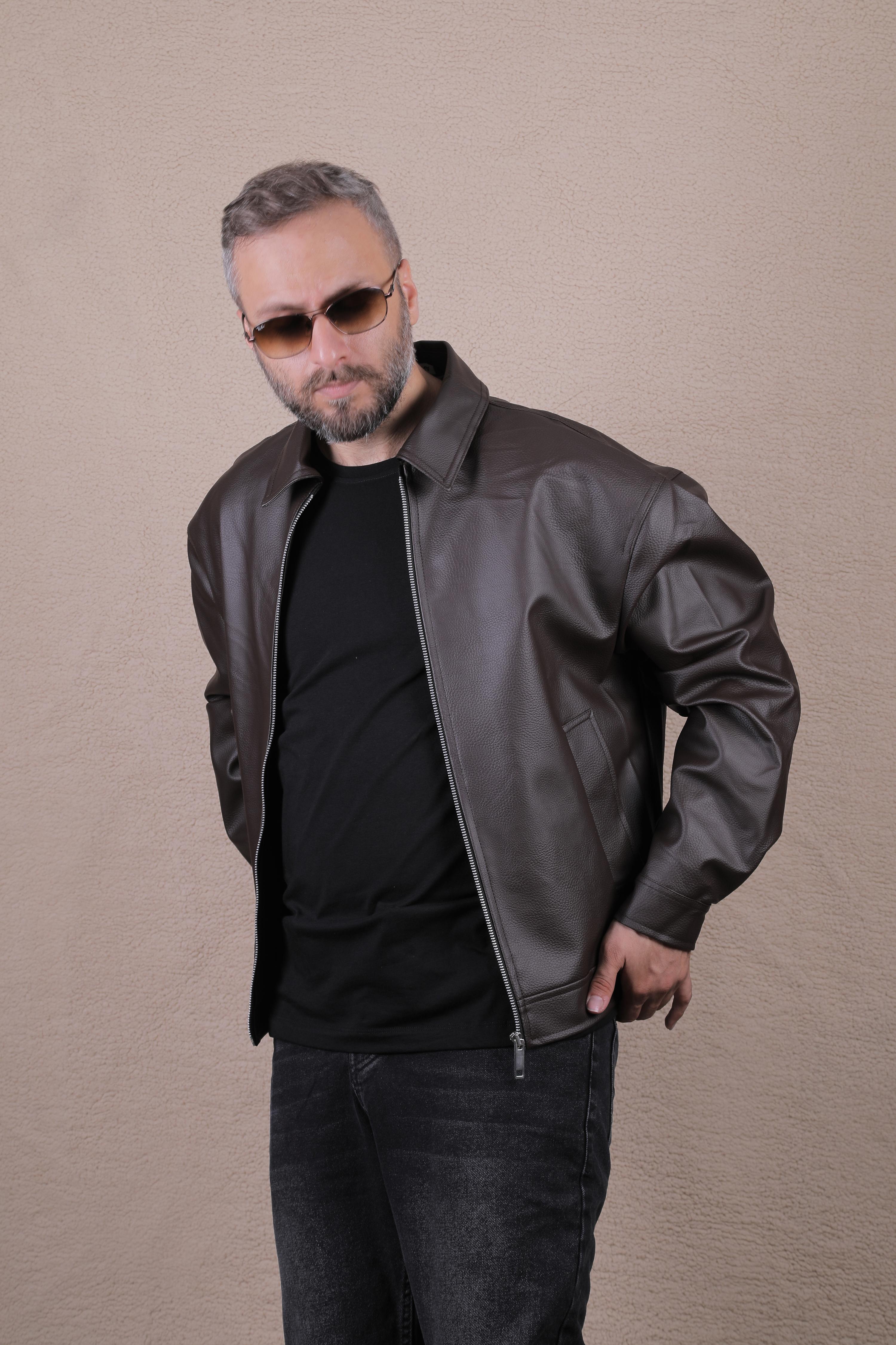 Oversize Rahat Kalıp Düz Erkek Deri Ceket - Kahverengi