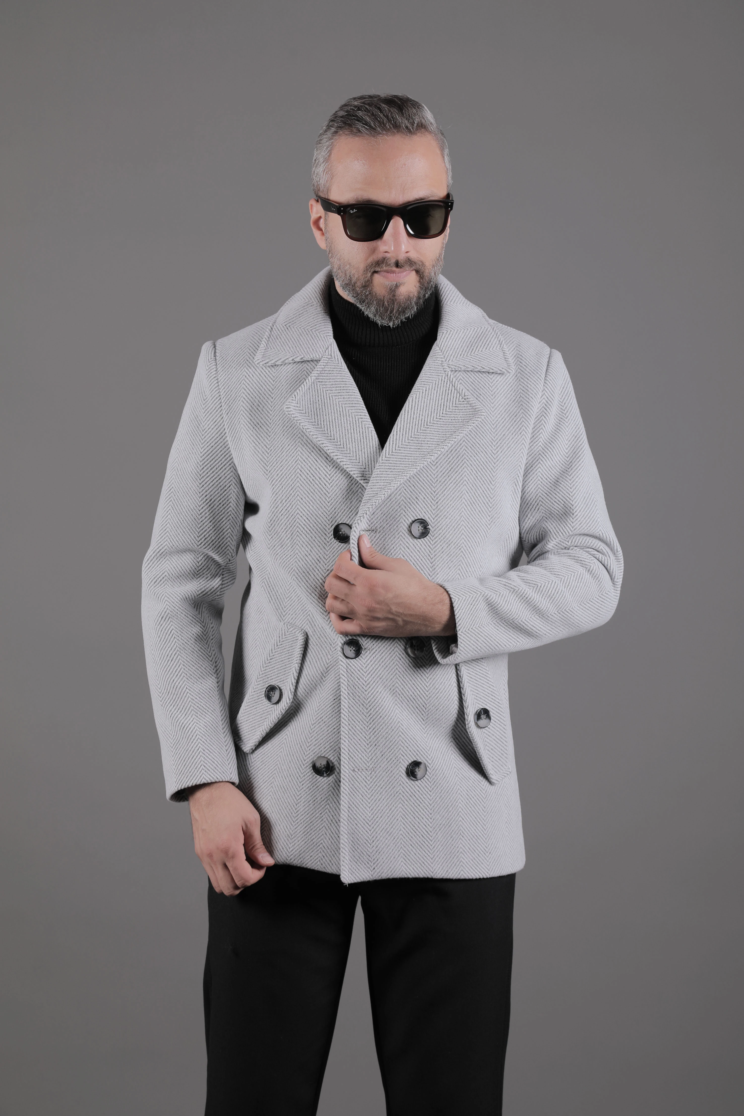 Desenli Kruvaze Erkek Kaşe Kaban - Açık Gri