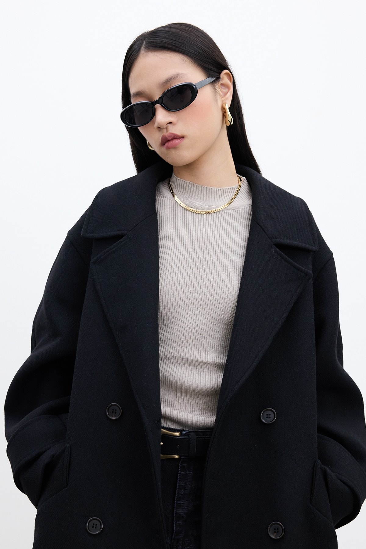 Kemerli Oversize Premium Kadın Kaşe Kaban - Siyah