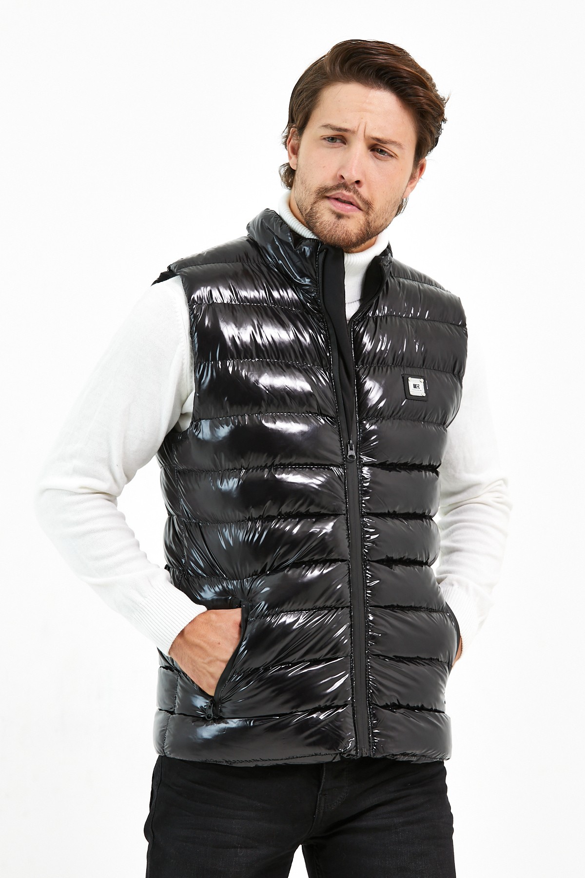 Slim Fit Parlak Şişme Yelek - Siyah