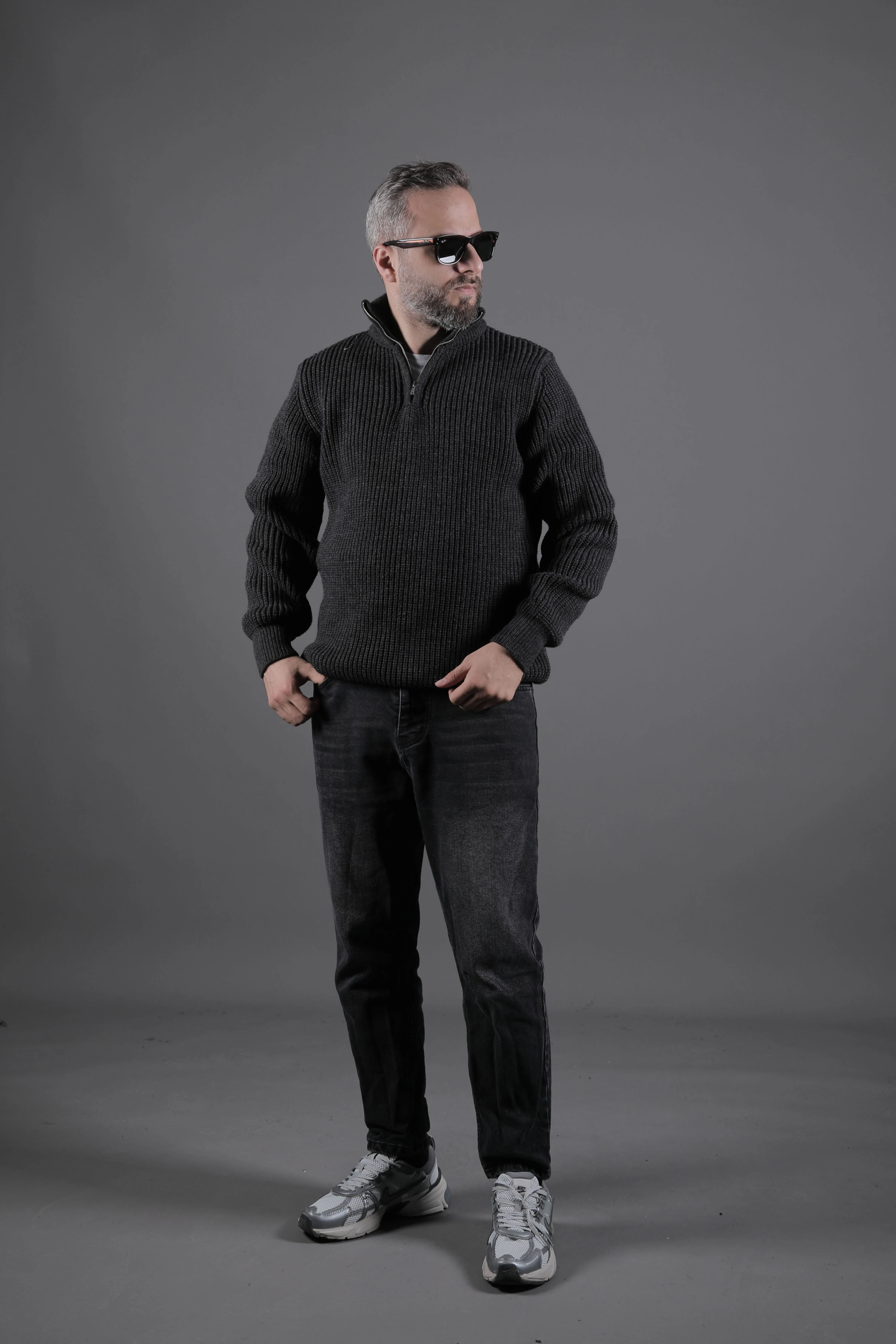 Yarım Fermuarlı Kalın Erkek Kazak - Antrasit