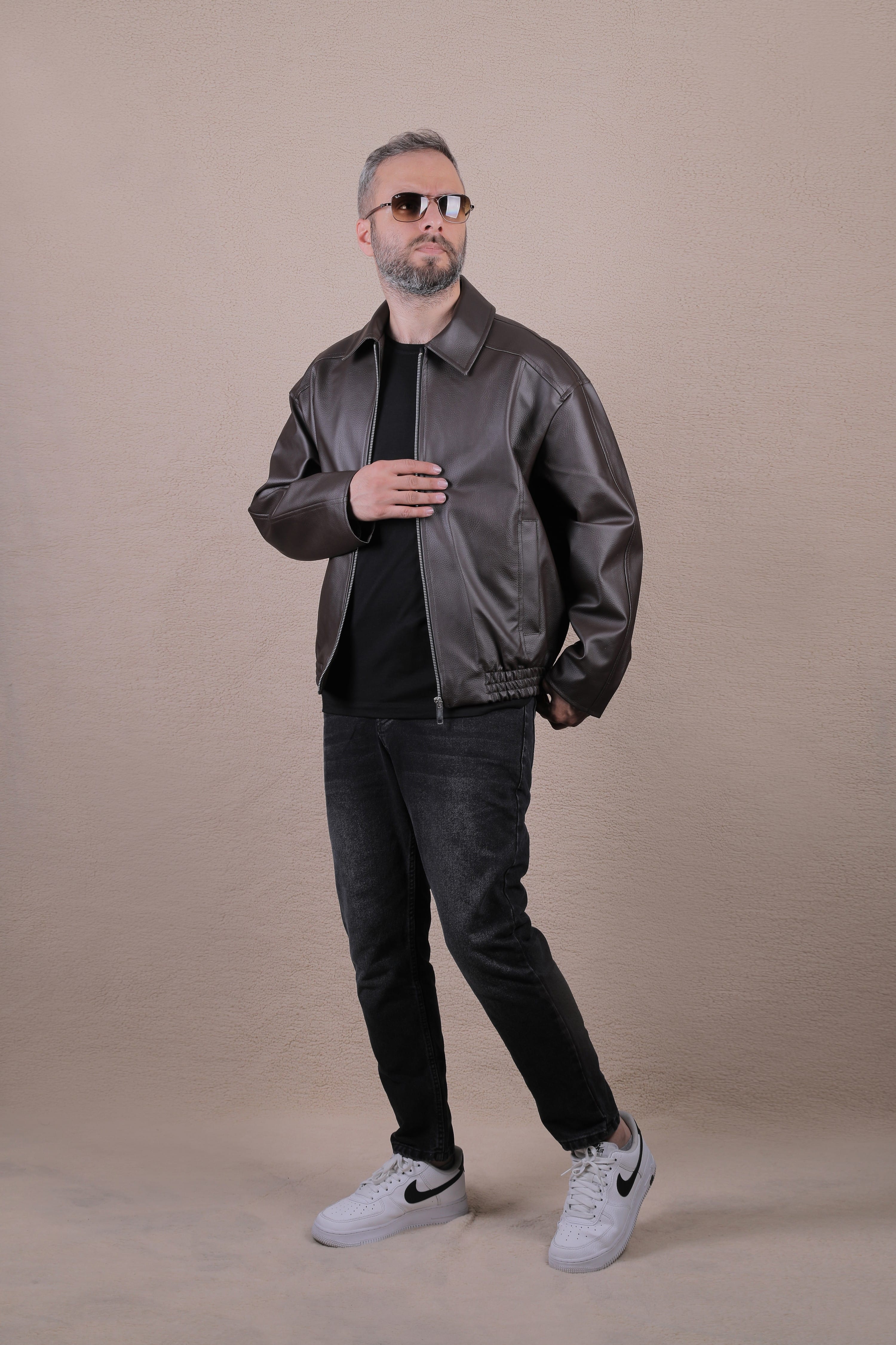 Oversize Rahat Kalıp Lastikli Erkek Deri Ceket - Kahverengi