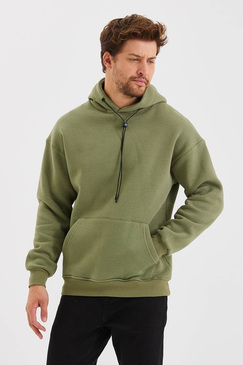 İçi Polarlı Kapşonlu Erkek Sweatshirt Hoodie - Haki