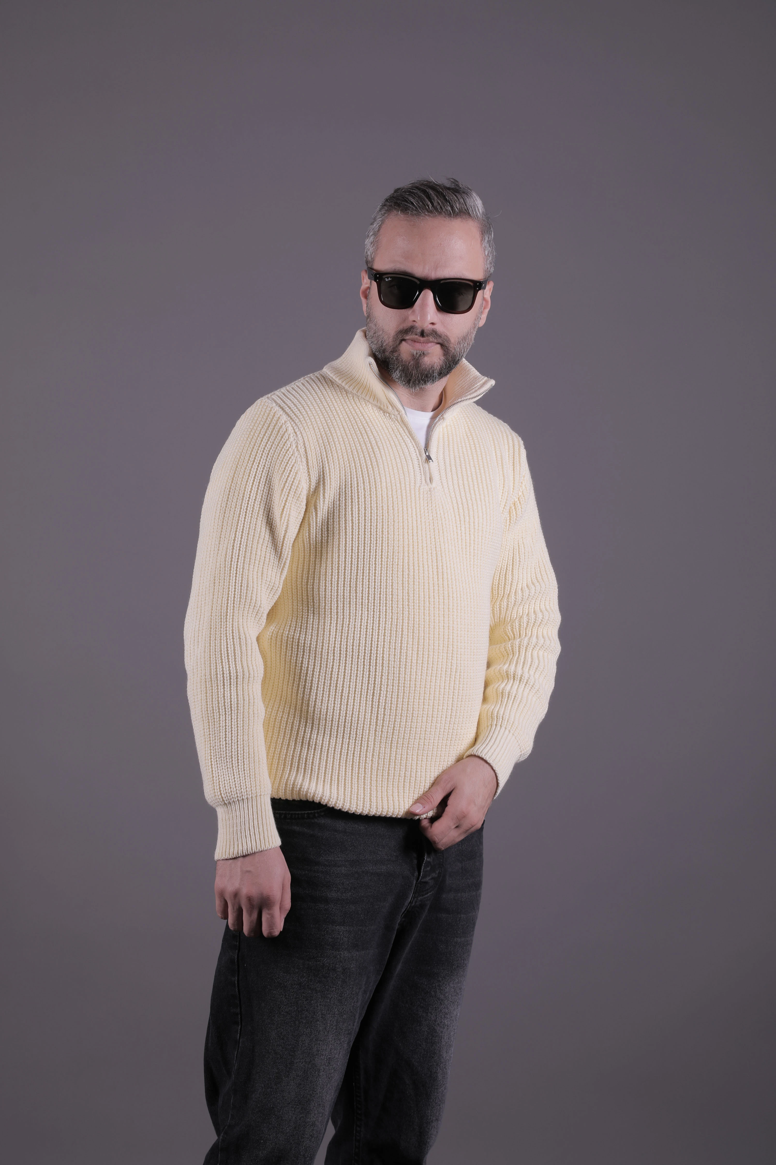 Yarım Fermuarlı Kalın Erkek Kazak - Bej