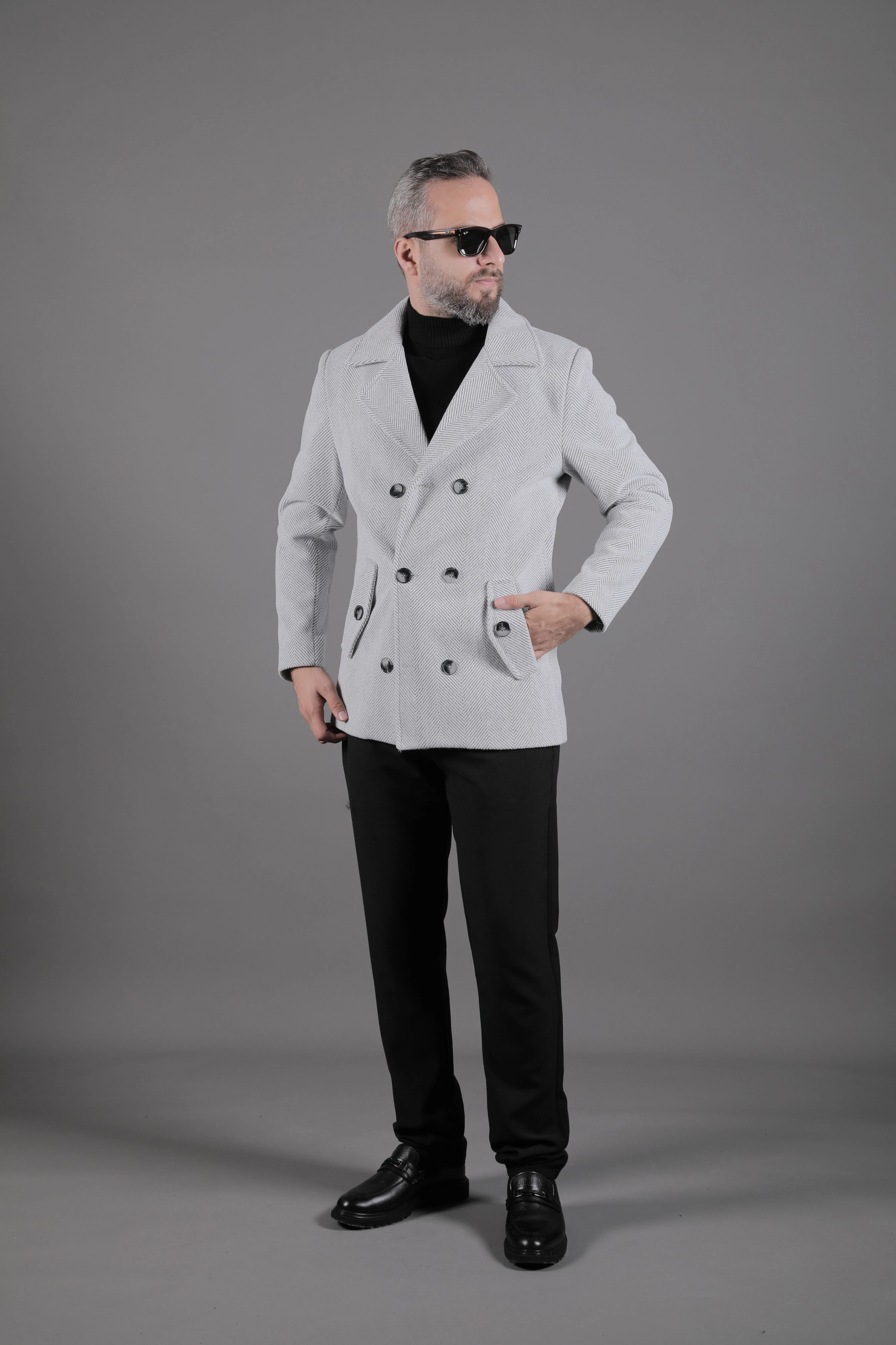 Desenli Kruvaze Erkek Kaşe Kaban - Açık Gri