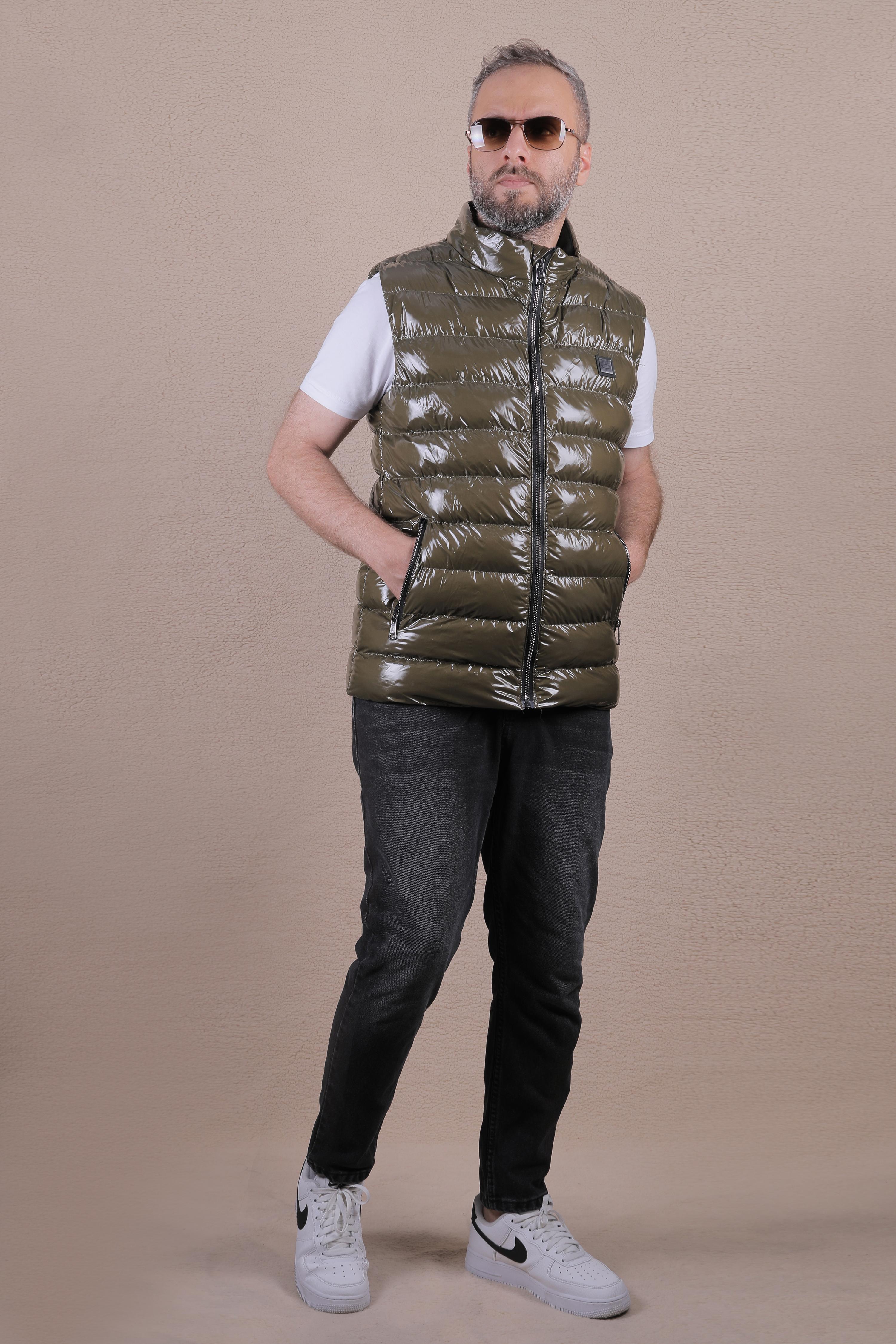 Slim Fit Parlak Şişme Yelek - Haki
