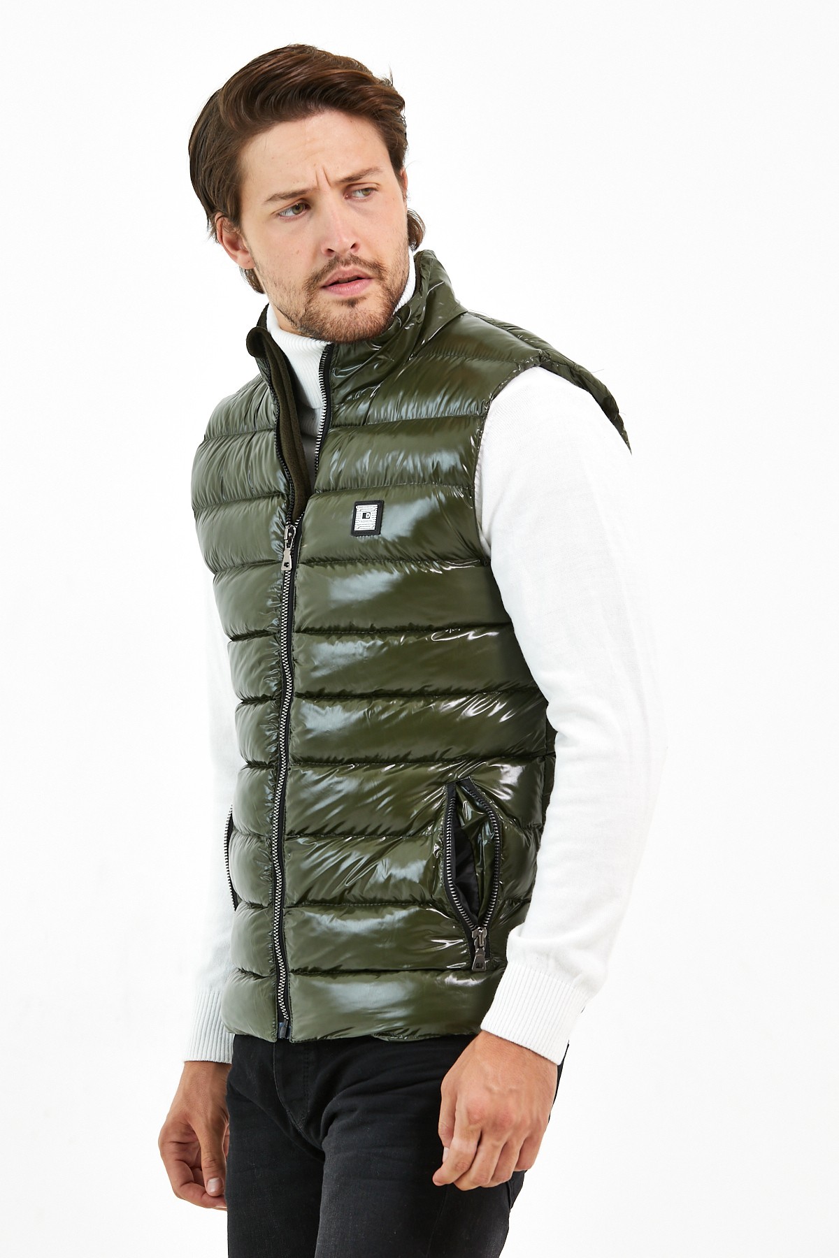 Slim Fit Parlak Şişme Yelek - Haki