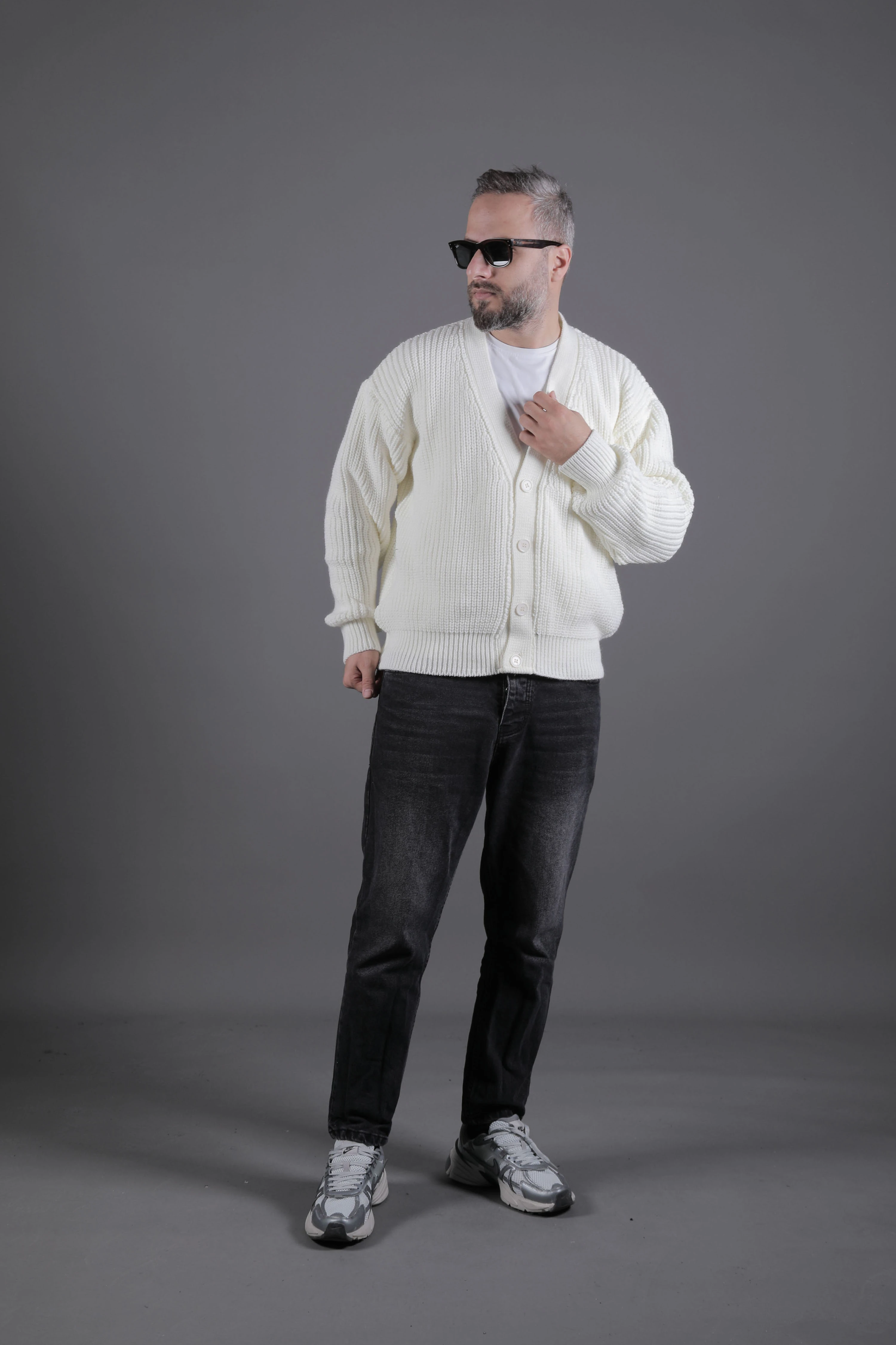 Dokulu Oversize Erkek Kalın Hırka - Bej