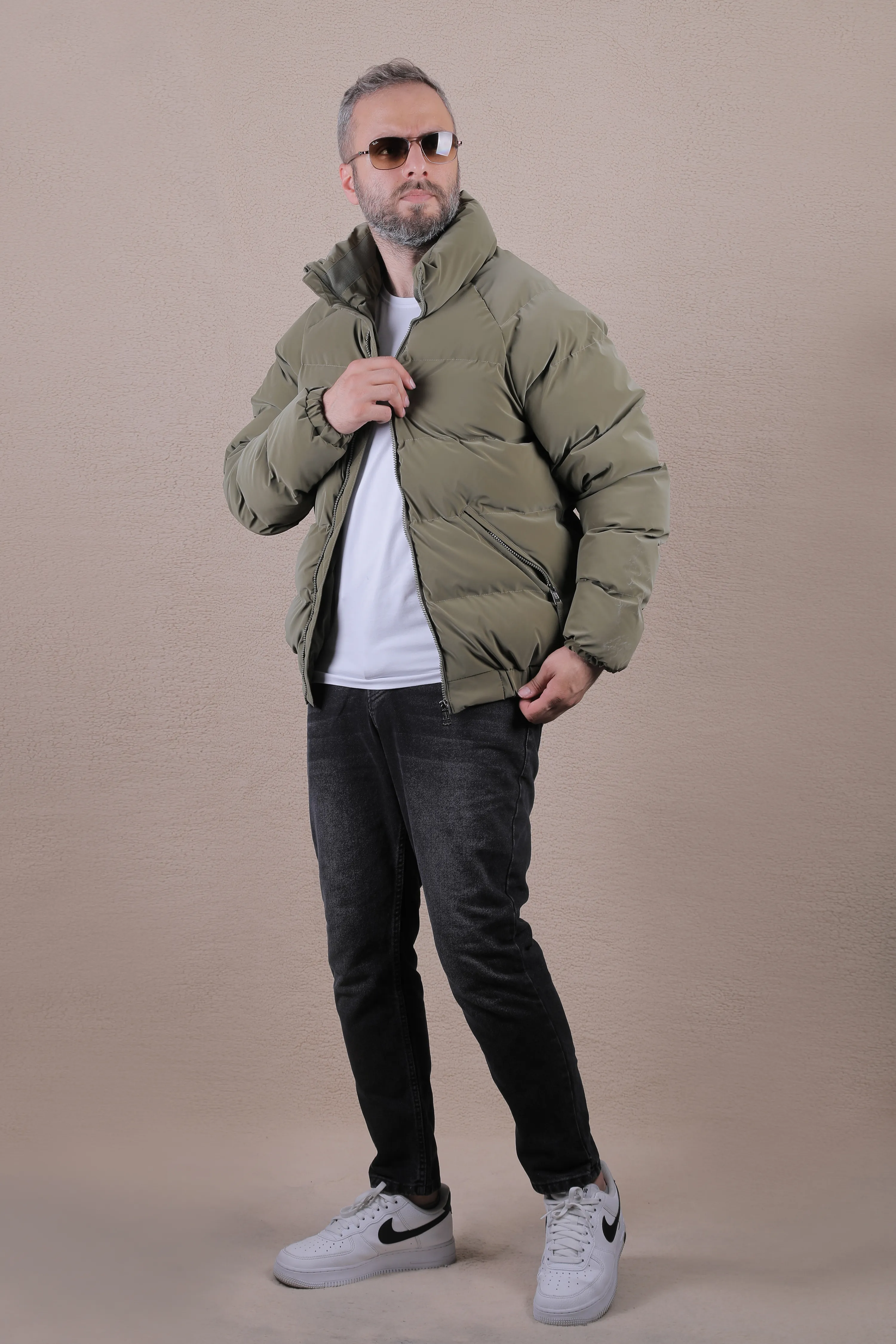 Çapraz Cepli Erkek Şişme Mont - Haki