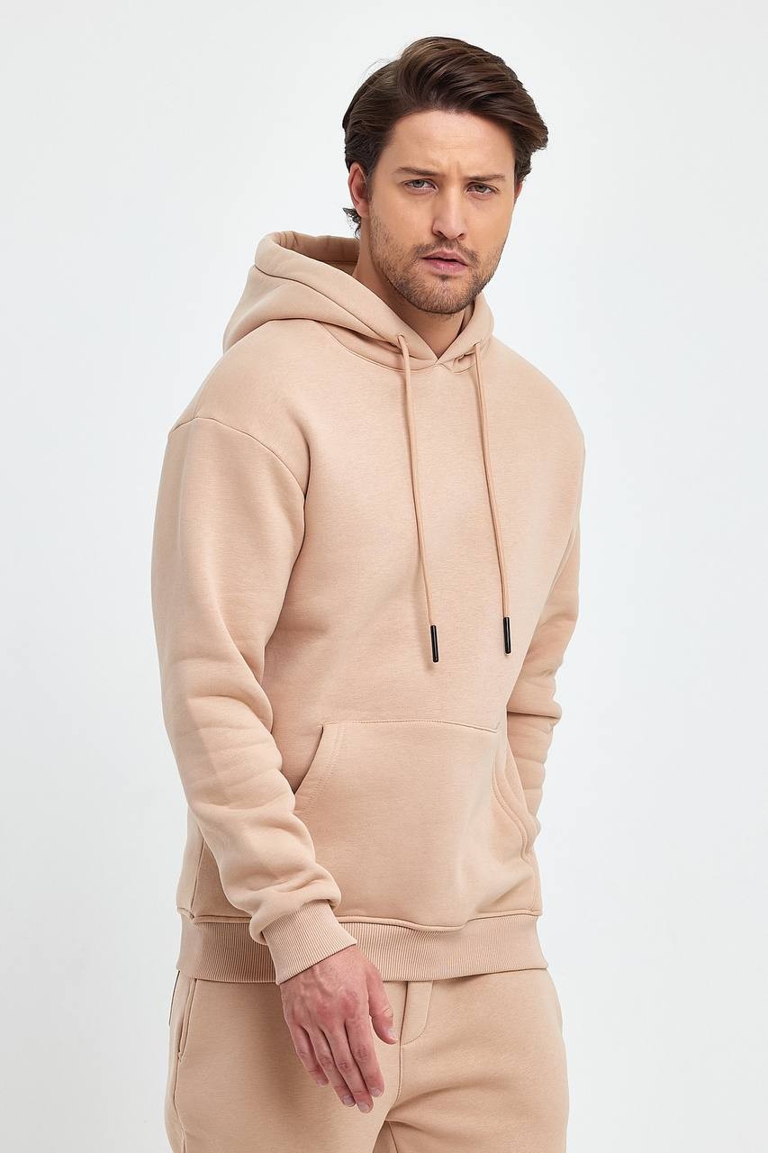 İçi Polarlı Kapşonlu Erkek Sweatshirt Hoodie - Krem