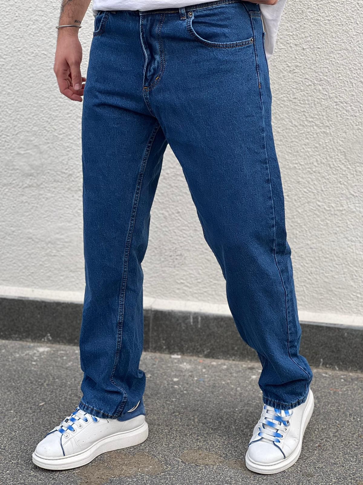 Erkek Baggy Fit Rahat Kesim Loose Jean Kot Pantolon - Mavi