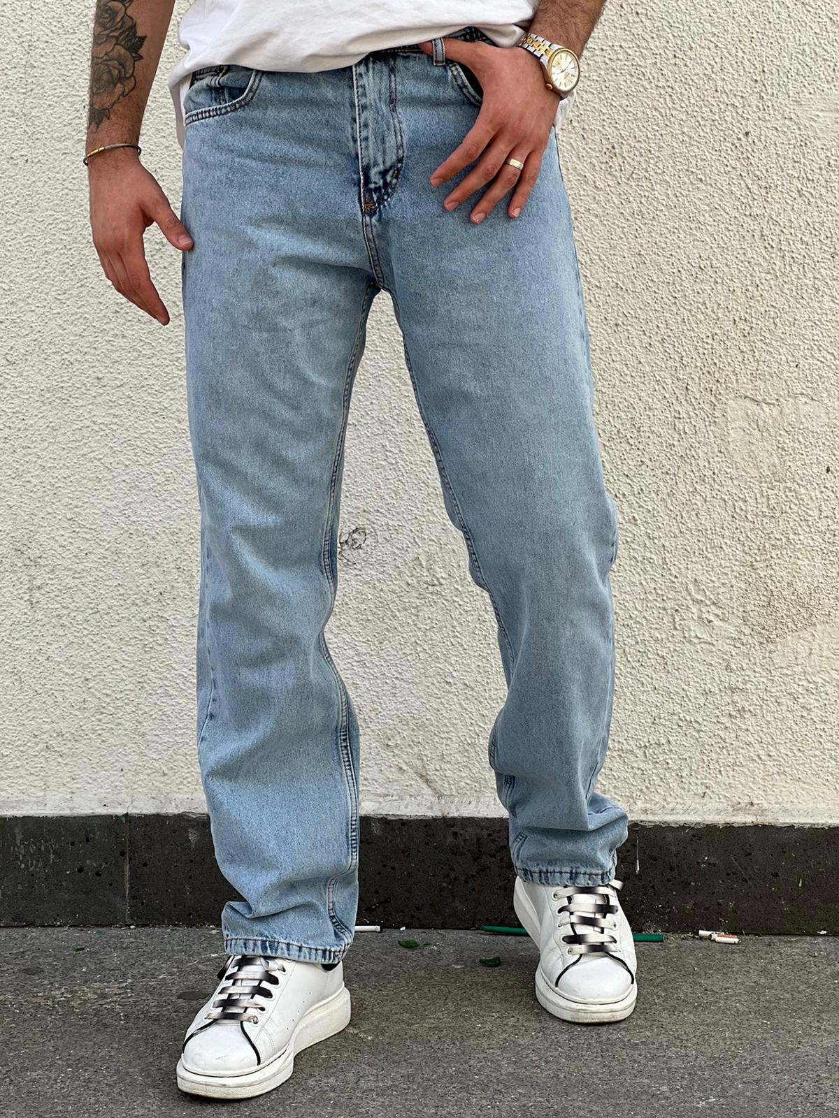 Erkek Baggy Fit Rahat Kesim Loose Jean Kot Pantolon - Buz Mavisi