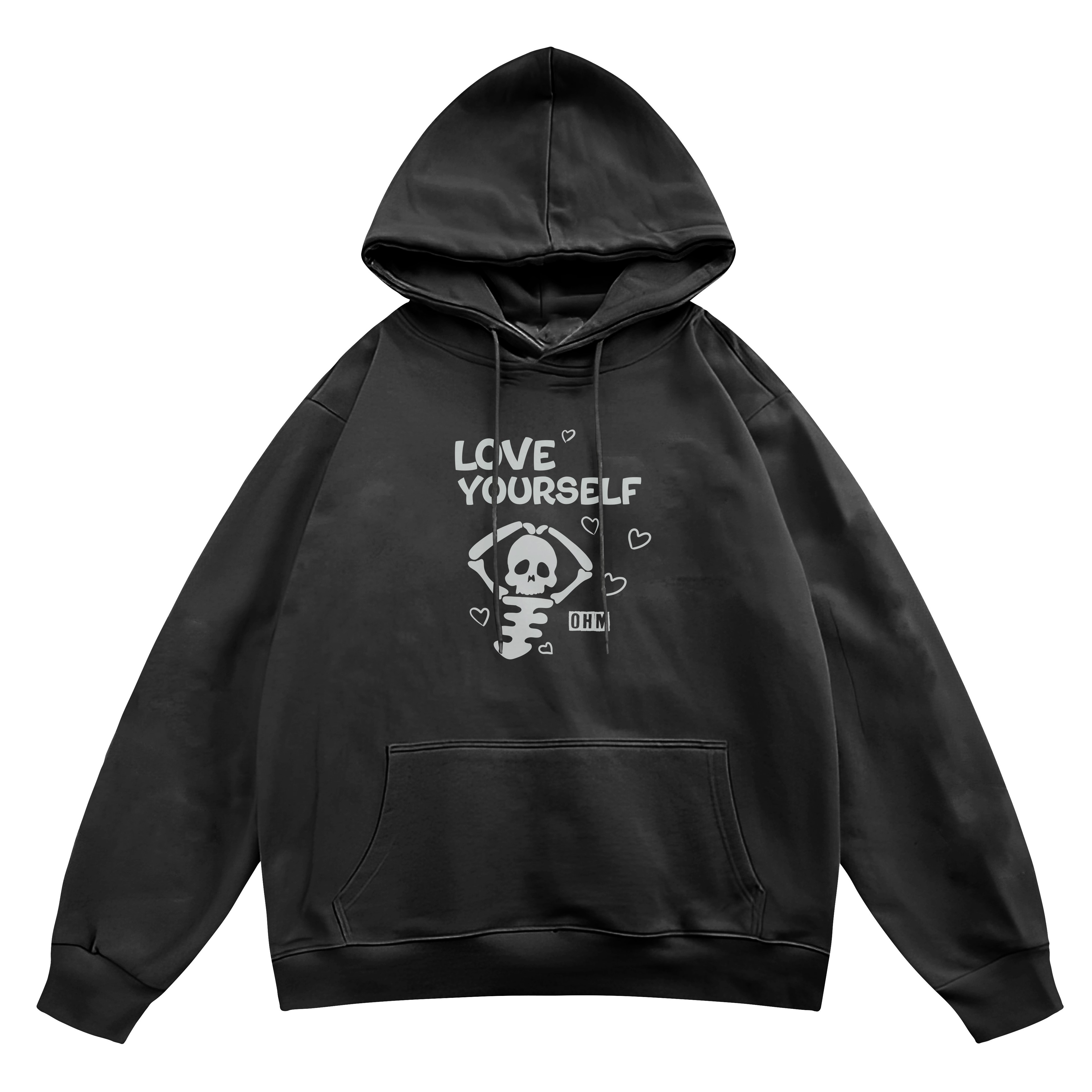 Unisex Love Yourself Baskılı Kapüşonlu Oversize Sweatshirt Hoodie - Siyah