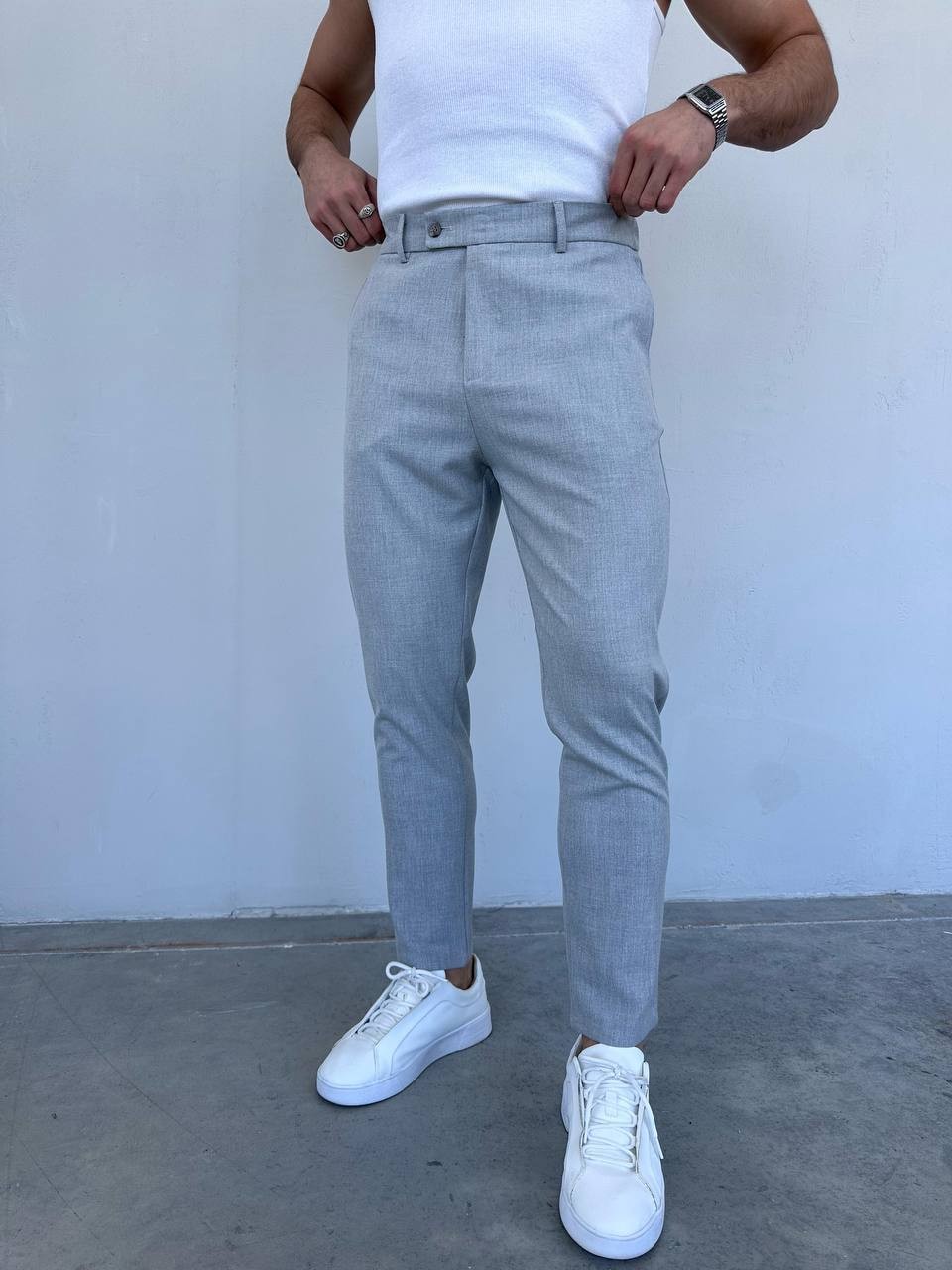 Slim Fit Likralı Erkek Keten Pantolon - Gri