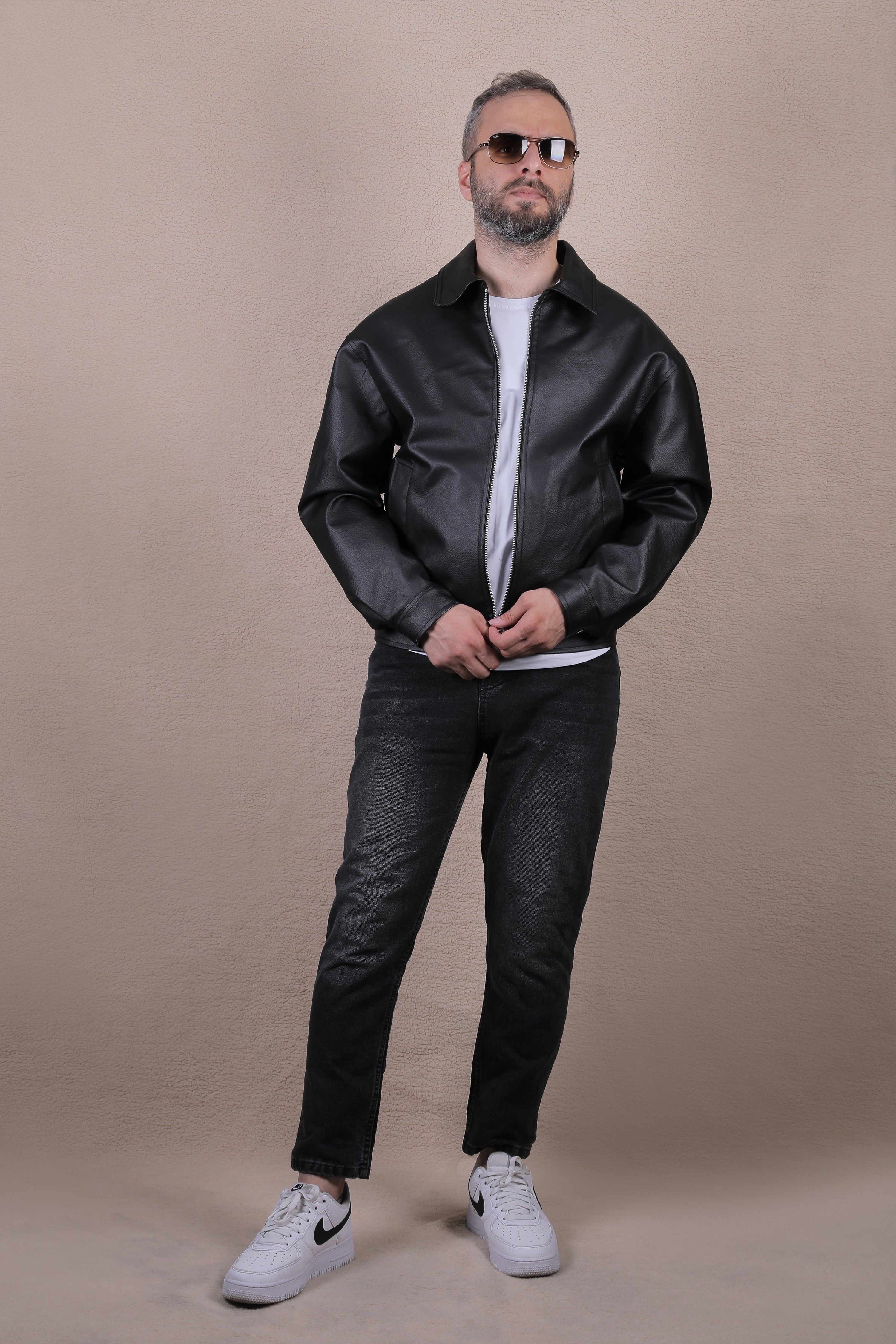 Oversize Rahat Kalıp Düz Erkek Deri Ceket - Siyah