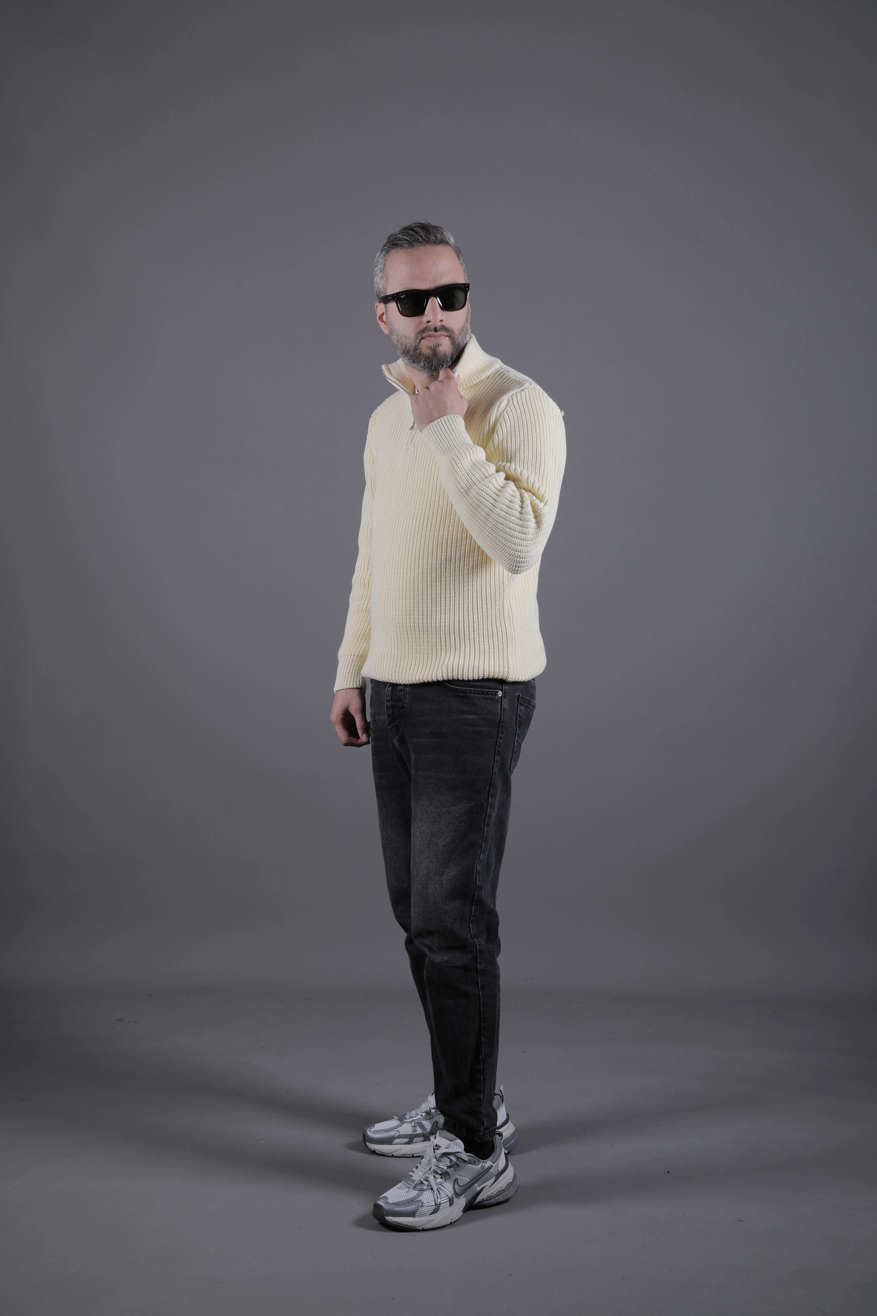 Yarım Fermuarlı Kalın Erkek Kazak - Bej