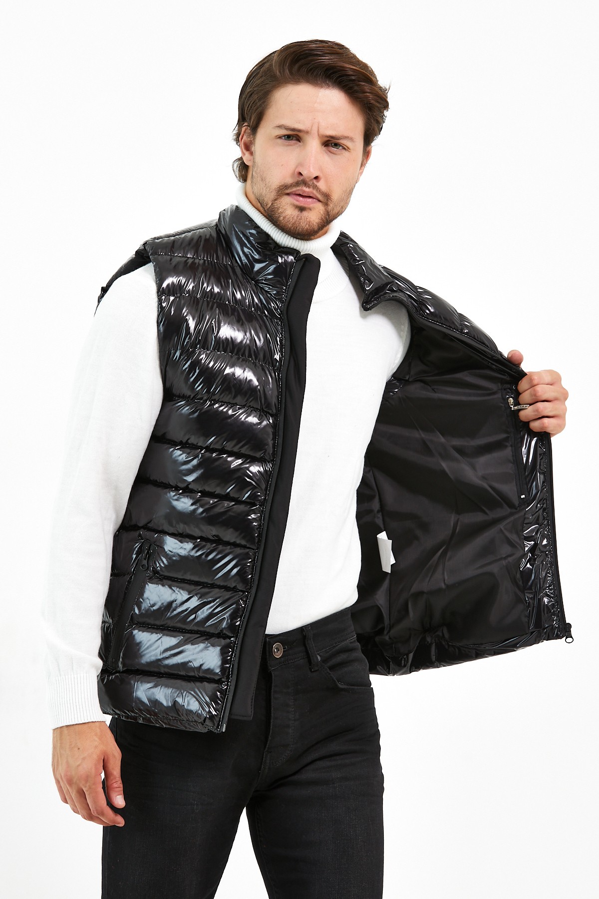 Slim Fit Parlak Şişme Yelek - Siyah