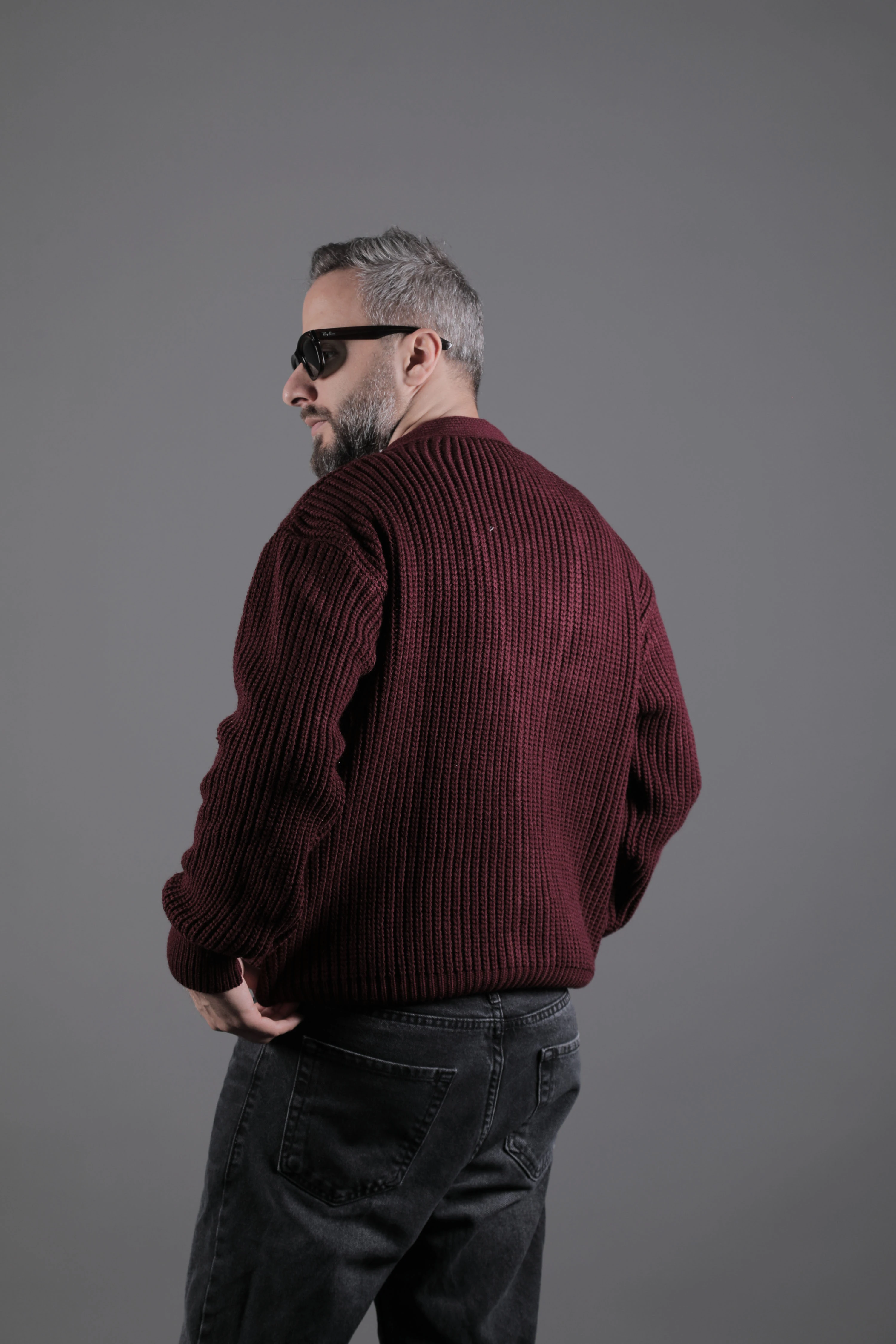 Dokulu Oversize Erkek Kalın Hırka - Bordo