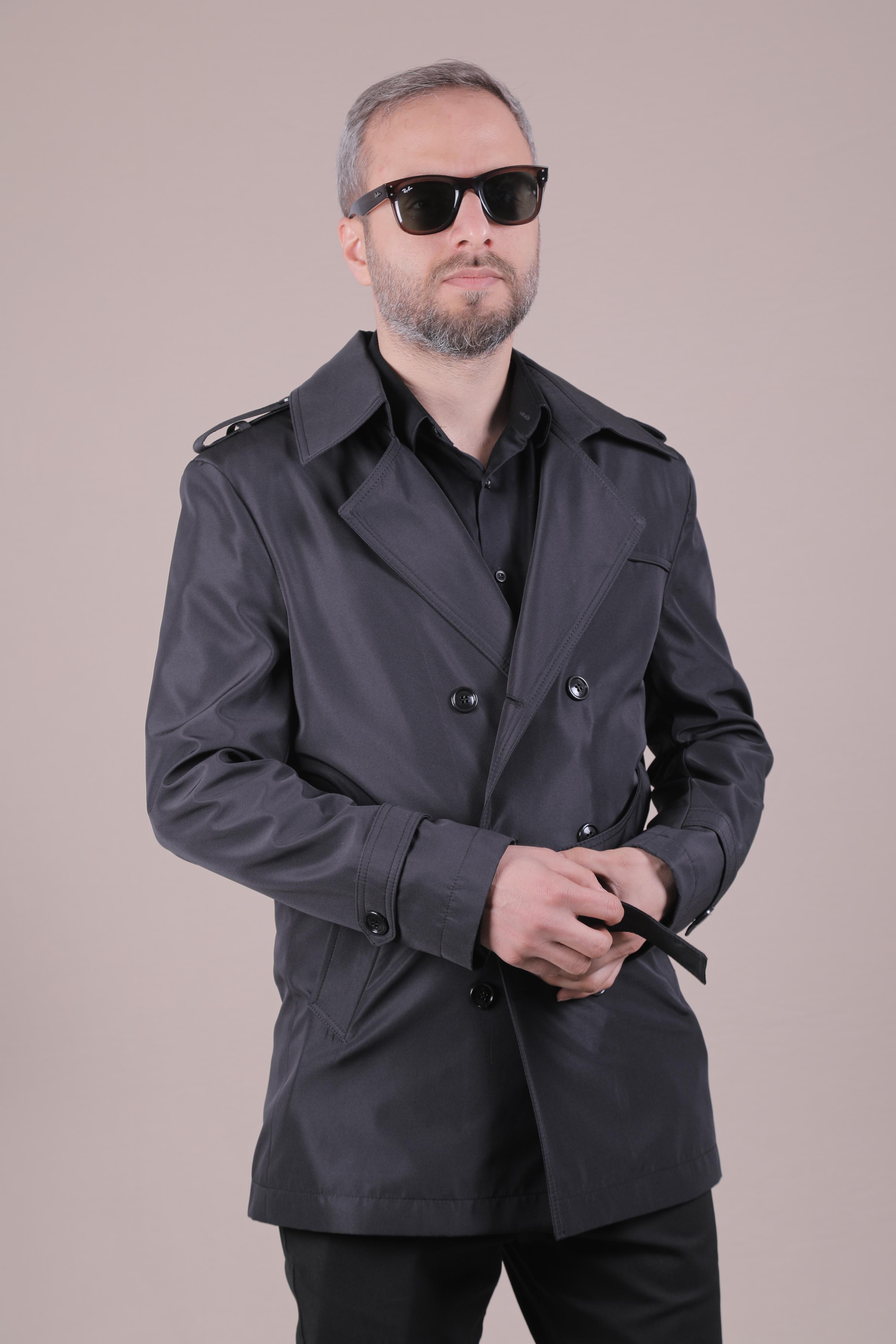 Slim Fit Kemerli Erkek Trençkot - Siyah
