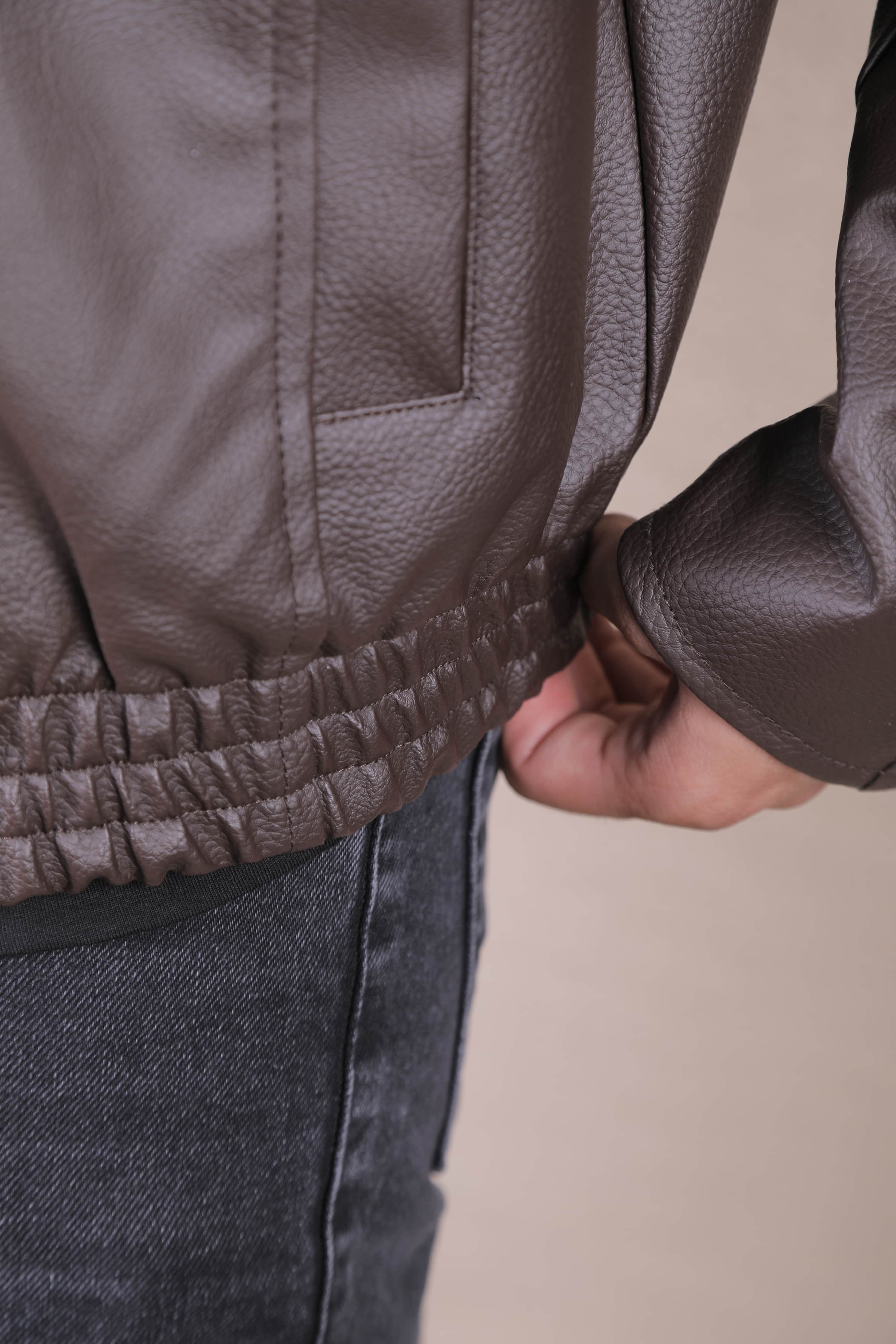 Oversize Rahat Kalıp Lastikli Erkek Deri Ceket - Kahverengi