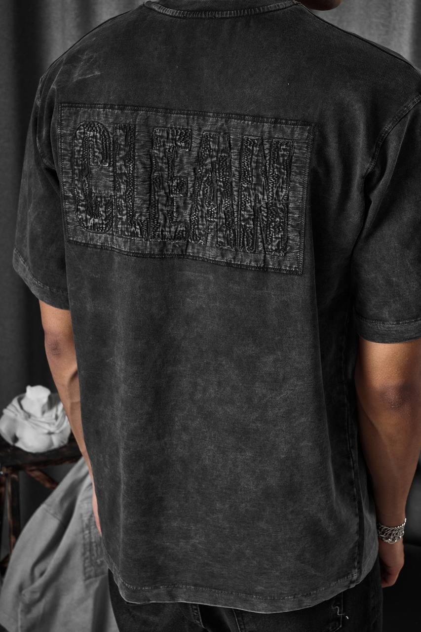 Yıkamalı Eskitme Kumaş Ön Arka Nakışlı Unisex Oversize T-shirt - Siyah