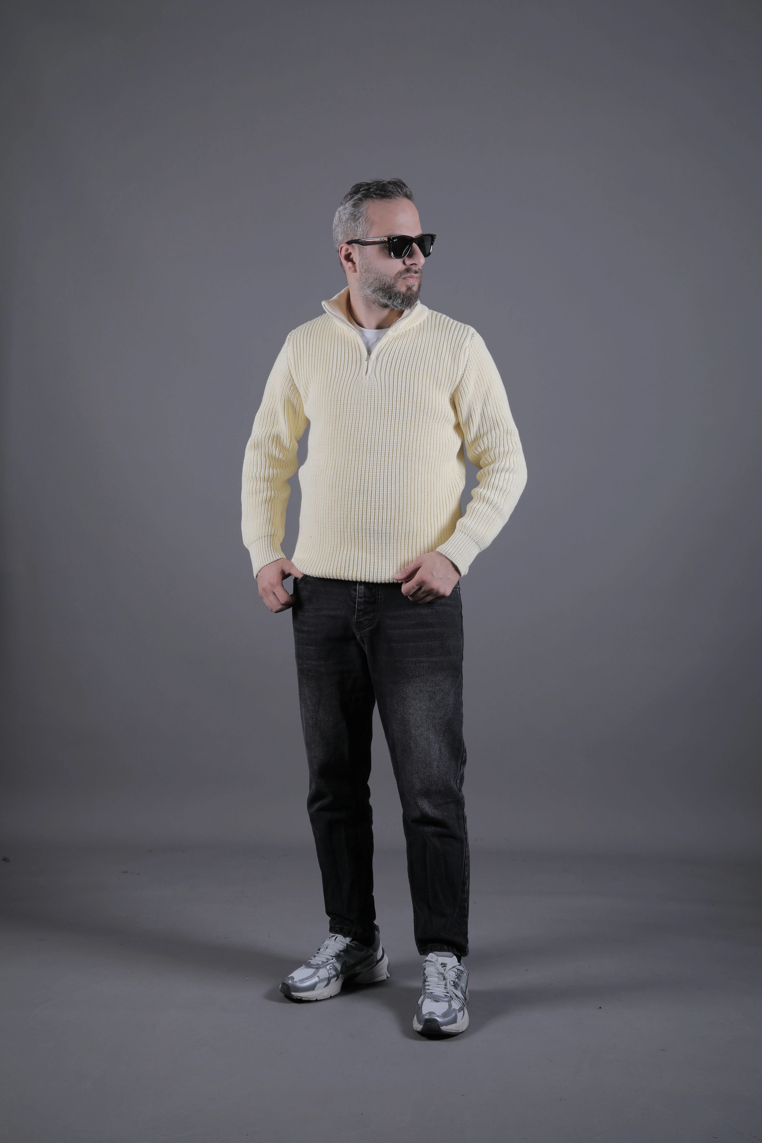 Yarım Fermuarlı Kalın Erkek Kazak - Bej