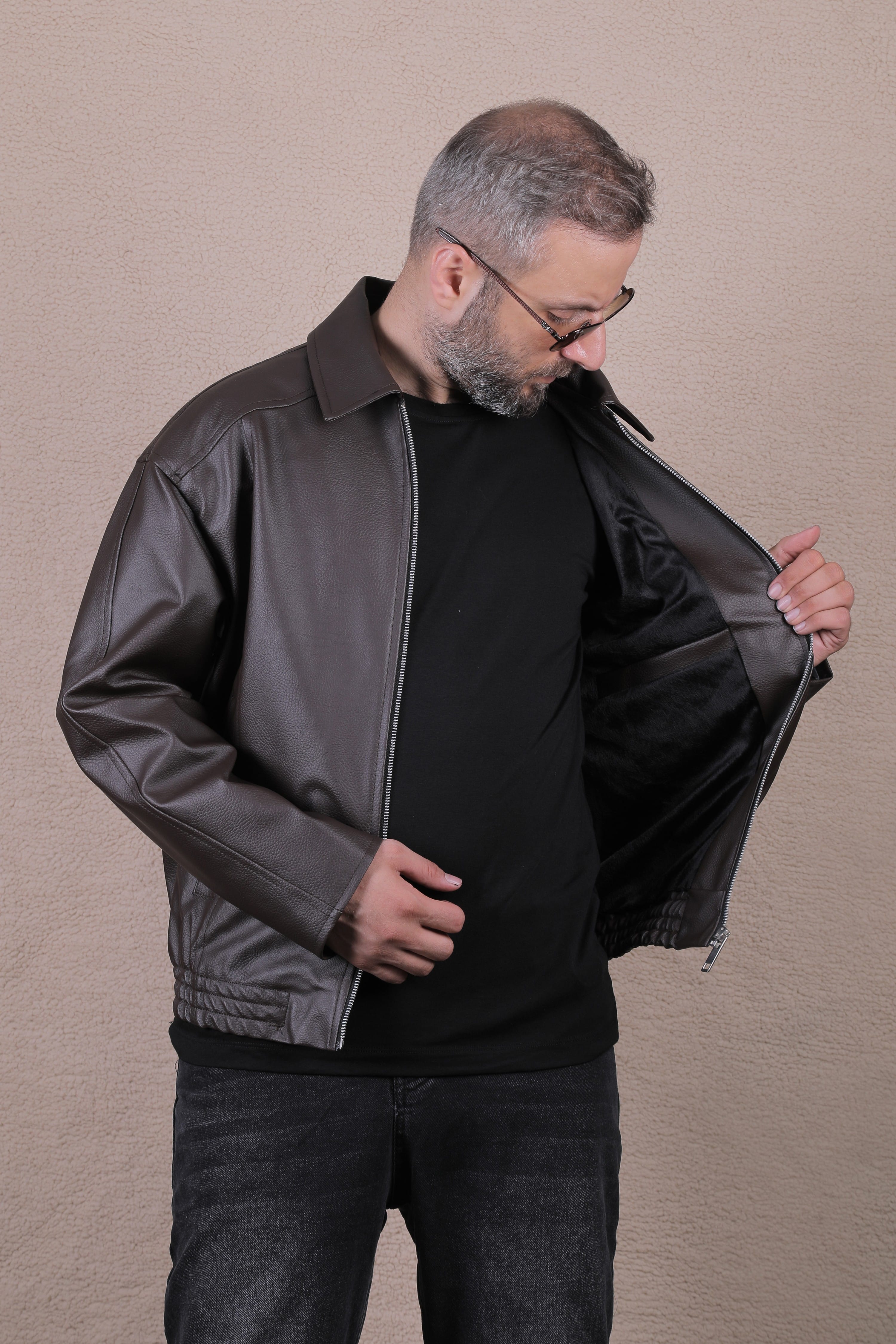 Oversize Rahat Kalıp Lastikli Erkek Deri Ceket - Kahverengi