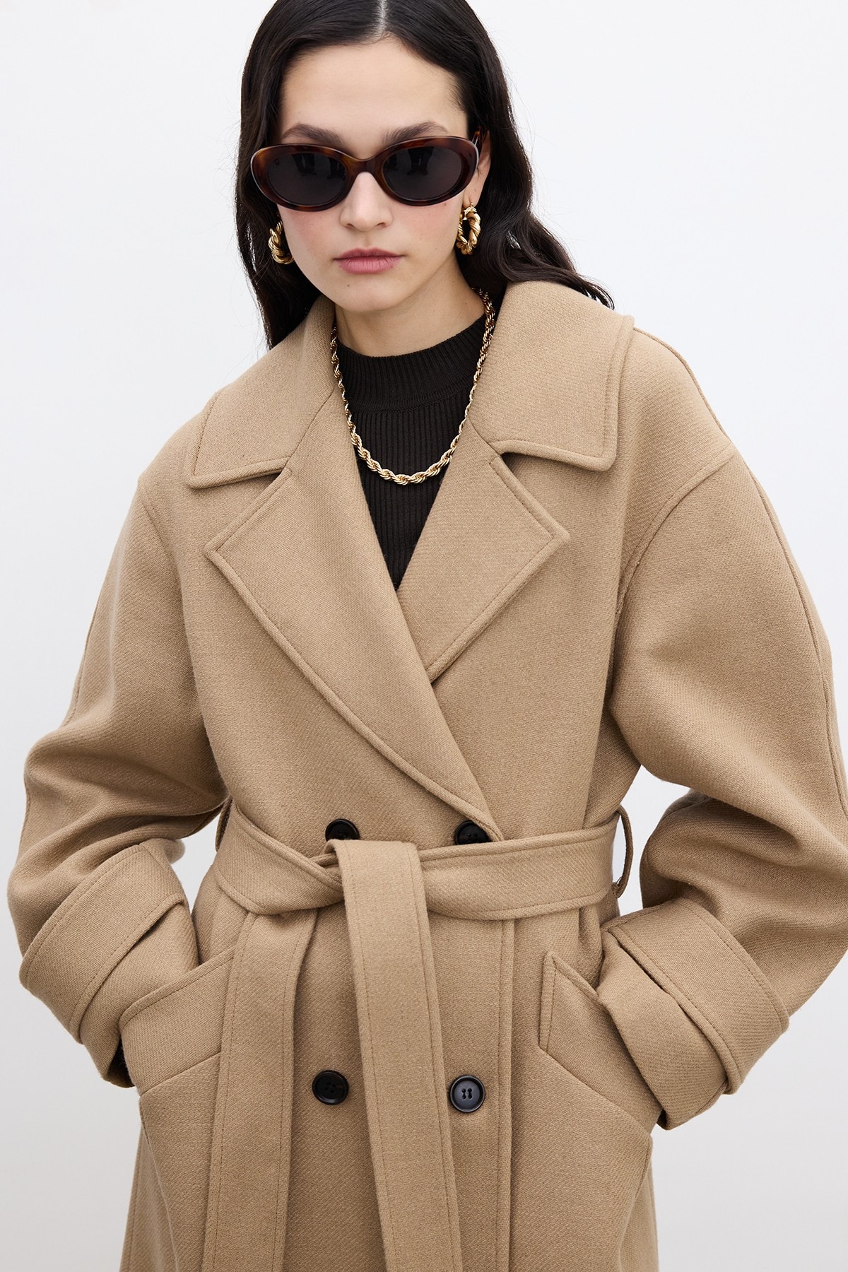 Kemerli Oversize Premium Kadın Kaşe Kaban - Camel