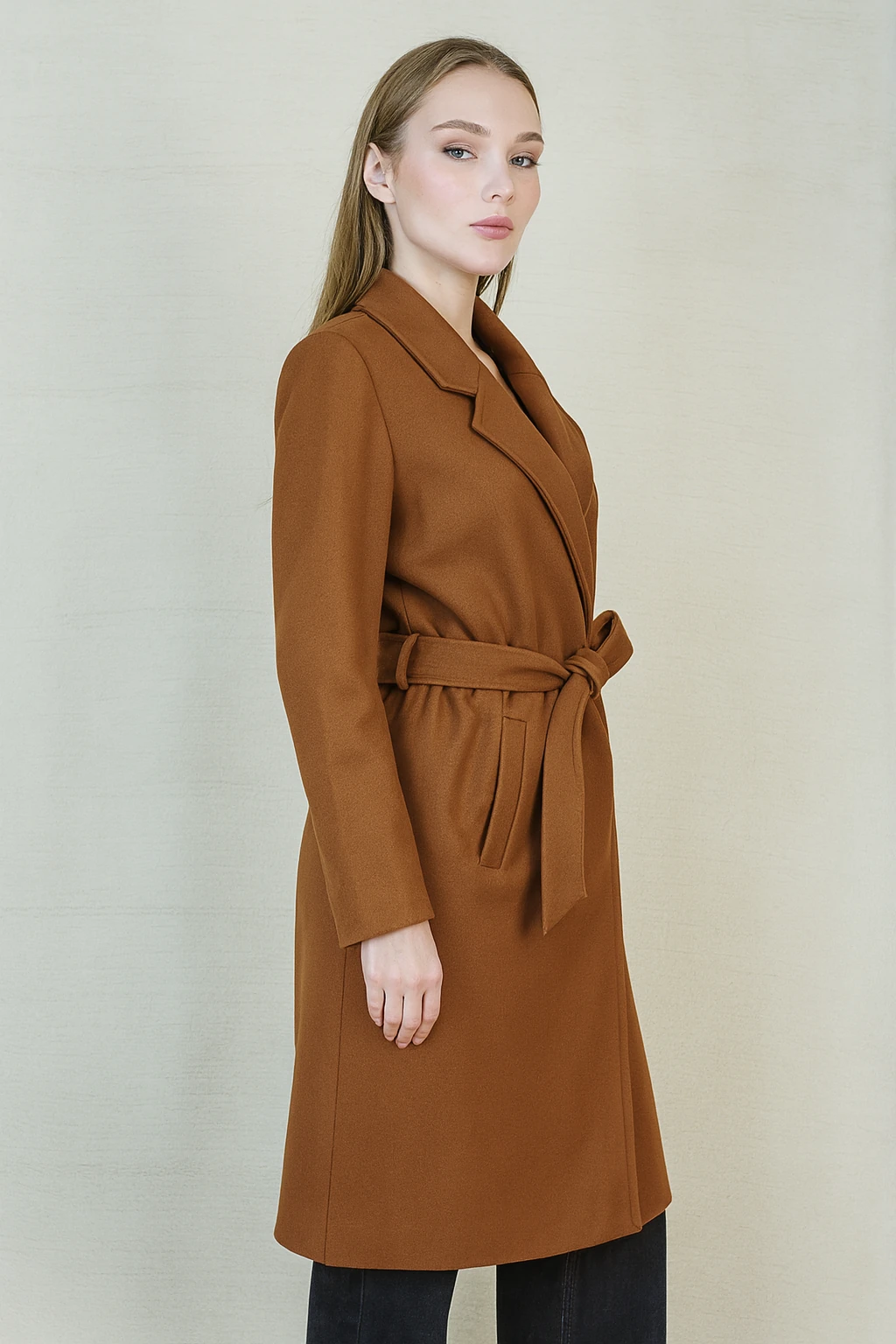 Kemerli Kadın Kaşe Kaban - Kahverengi