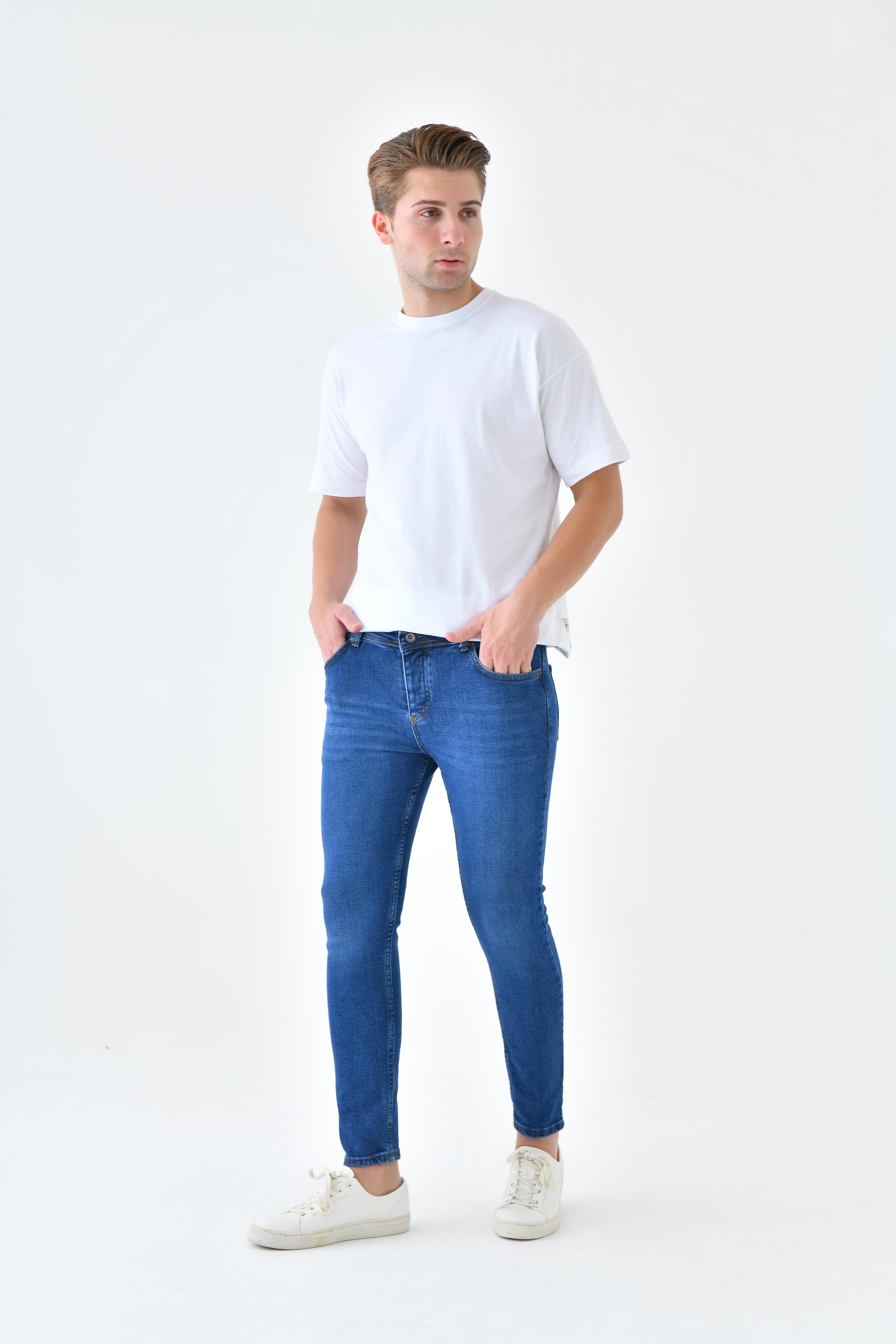 Slim Fit Erkek Likralı Kot Pantolon Jeans - Taşlamalı Mavi