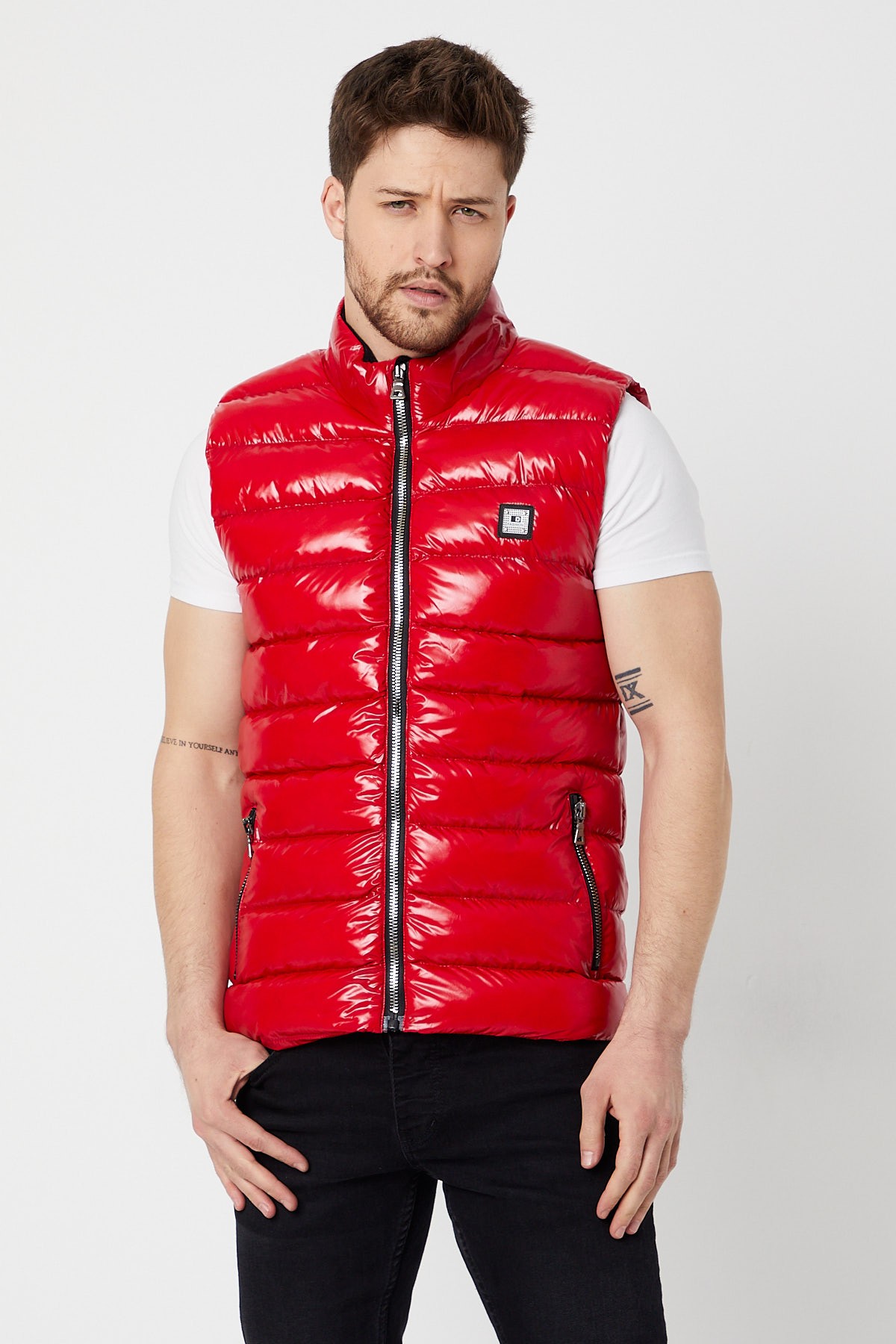 Slim Fit Parlak Şişme Yelek - Kırmızı