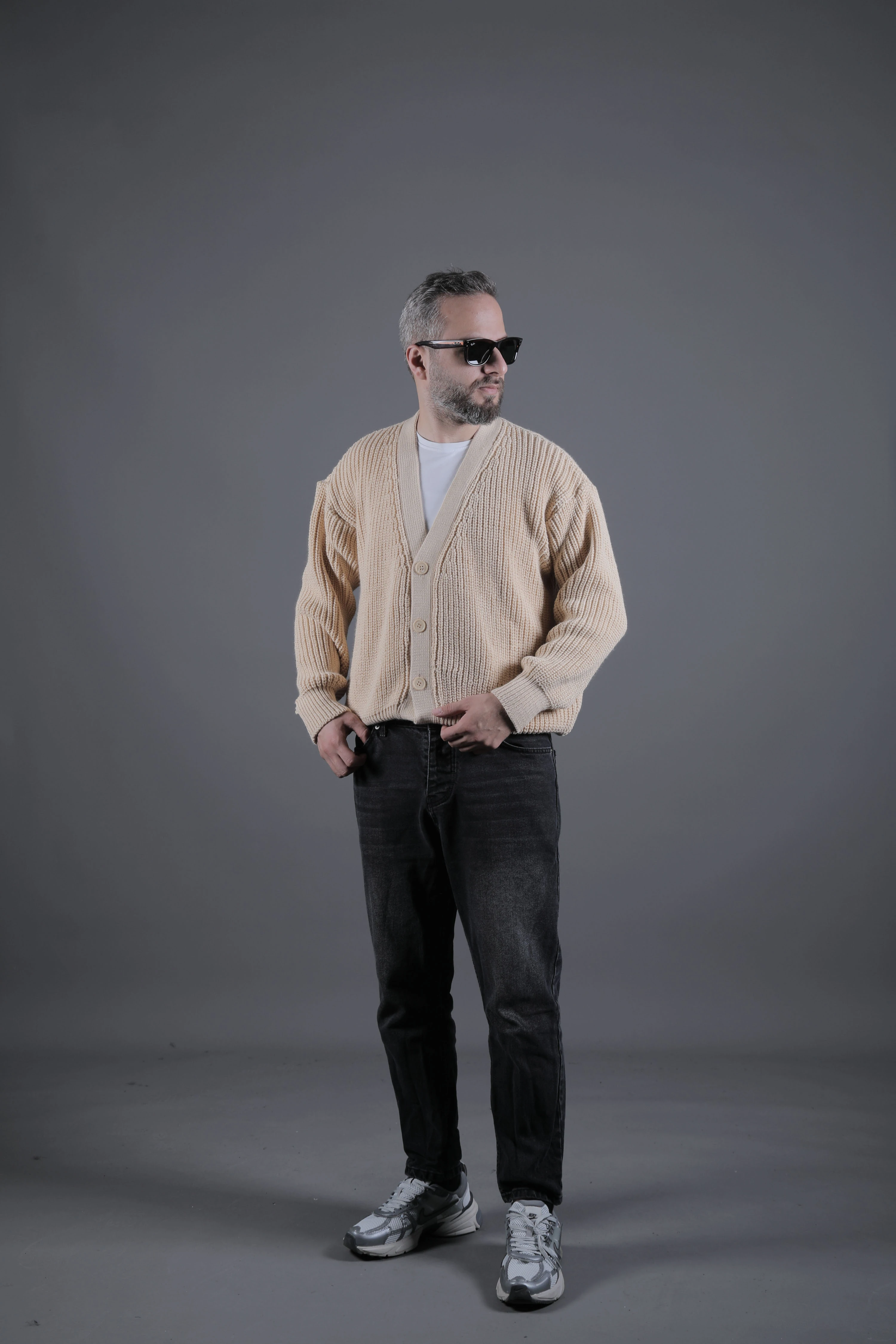 Dokulu Oversize Erkek Kalın Hırka - Krem