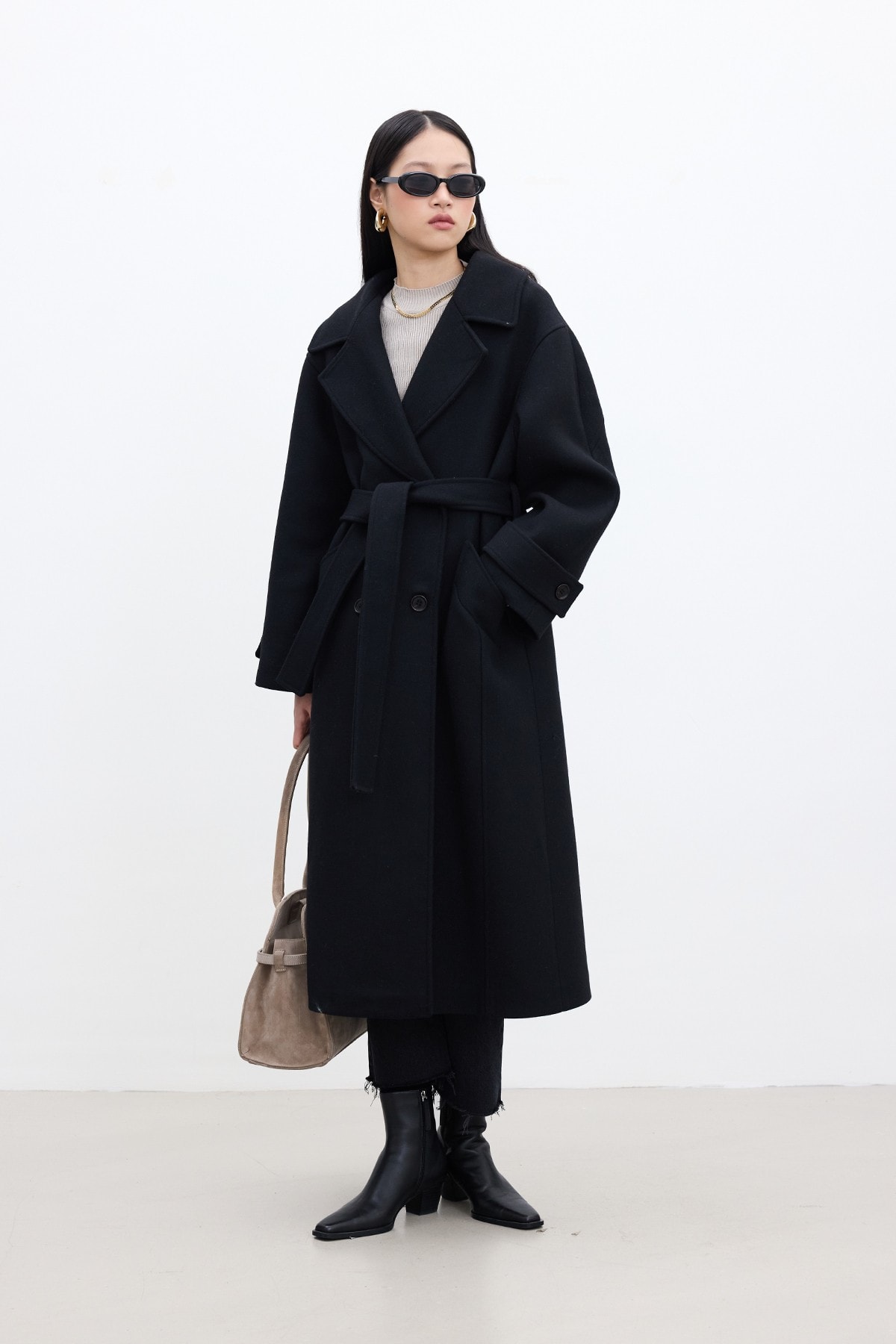 Kemerli Oversize Premium Kadın Kaşe Kaban - Siyah