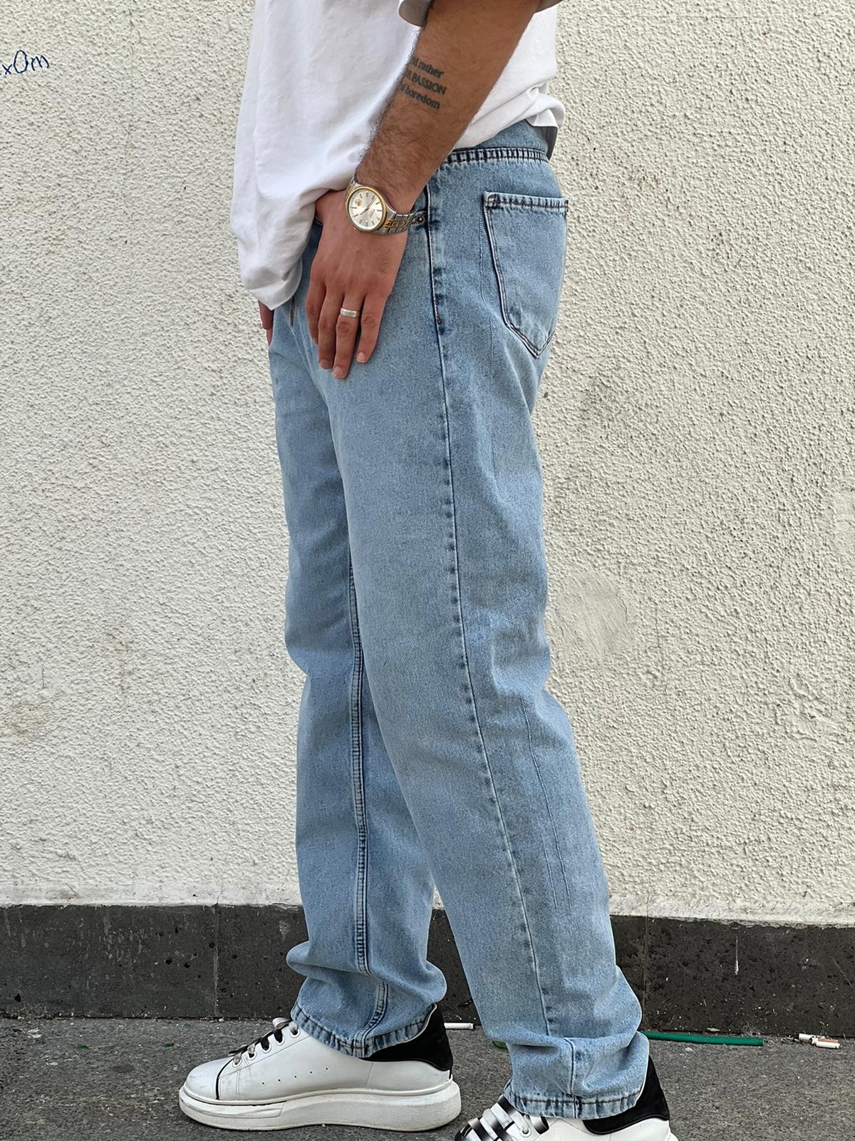 Erkek Baggy Fit Rahat Kesim Loose Jean Kot Pantolon - Buz Mavisi