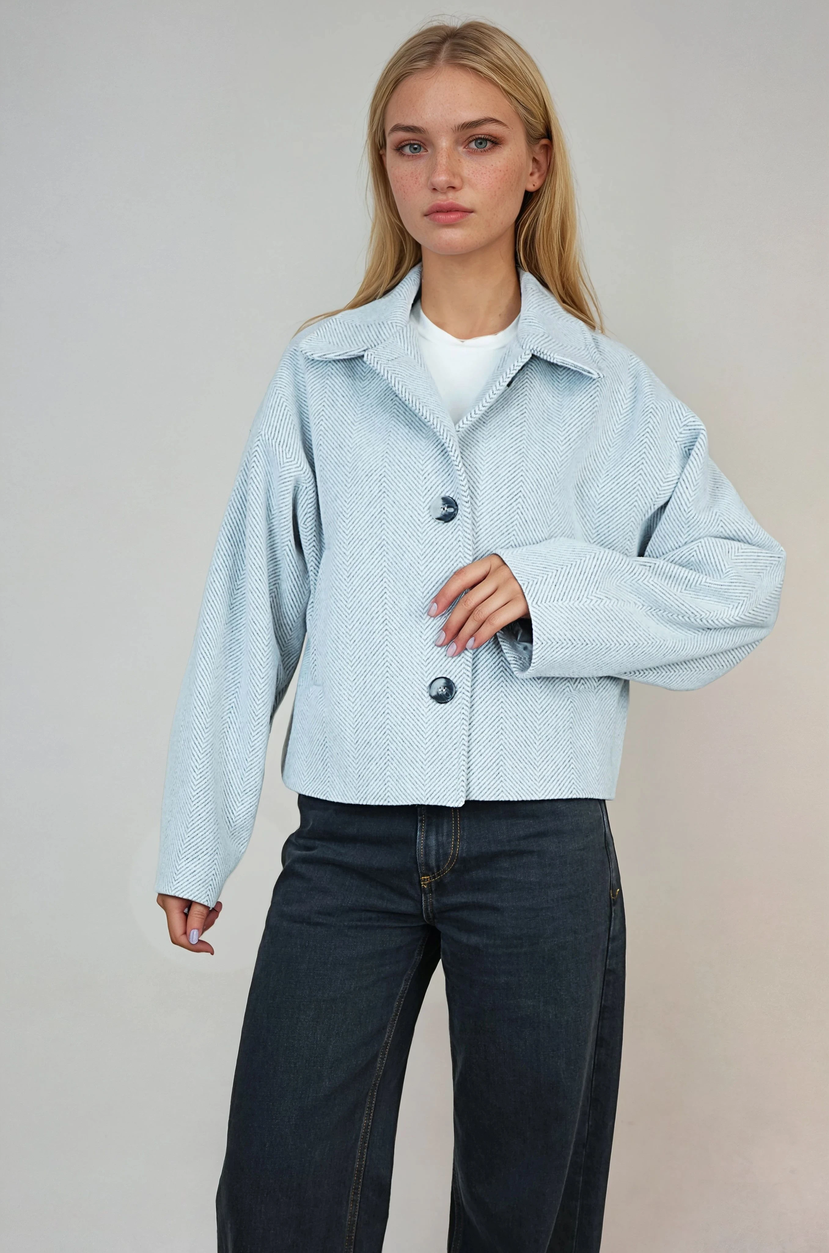 Oversize Desenli Kadın Kısa Kaşe Kaban  - Açık Gri