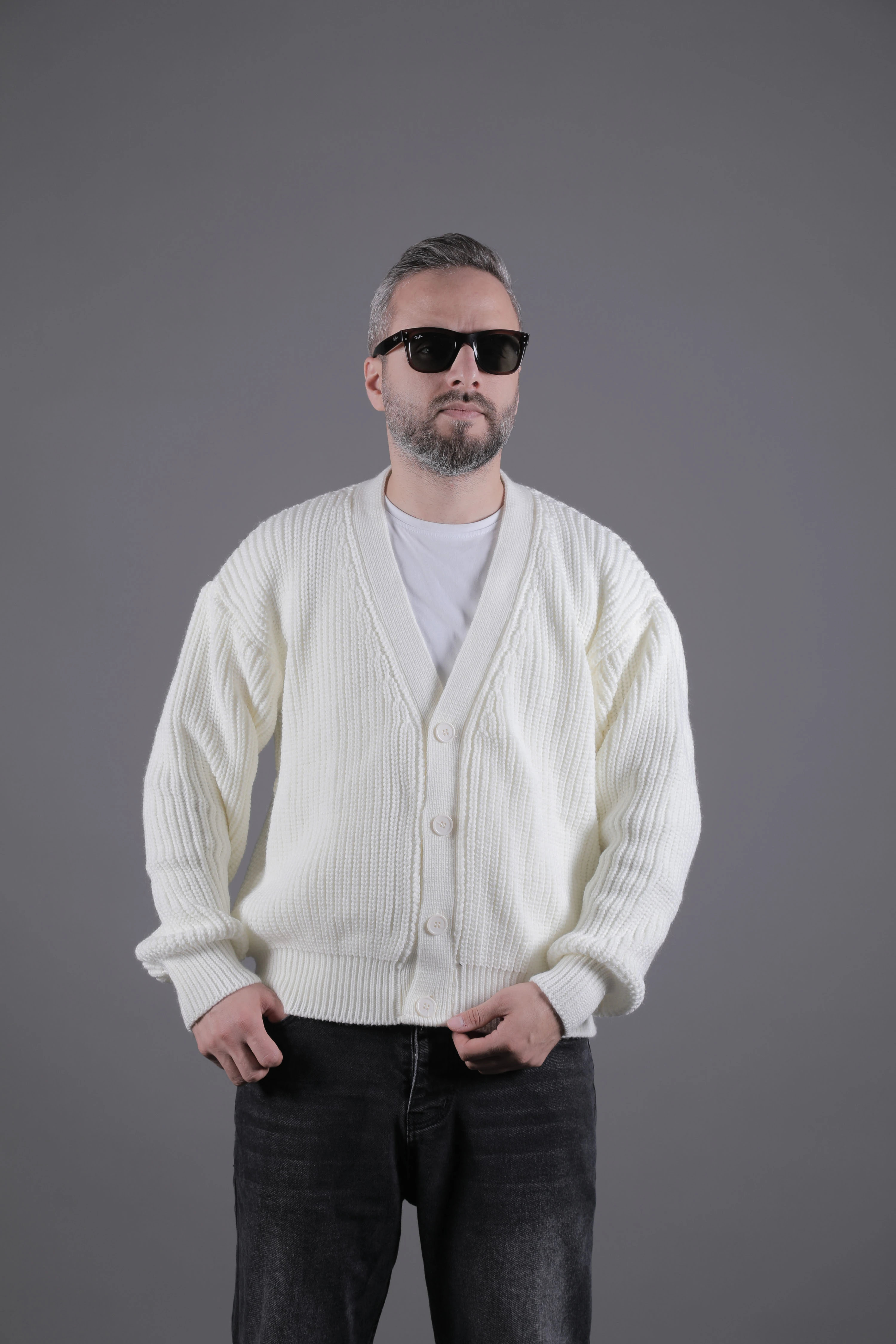 Dokulu Oversize Erkek Kalın Hırka - Bej