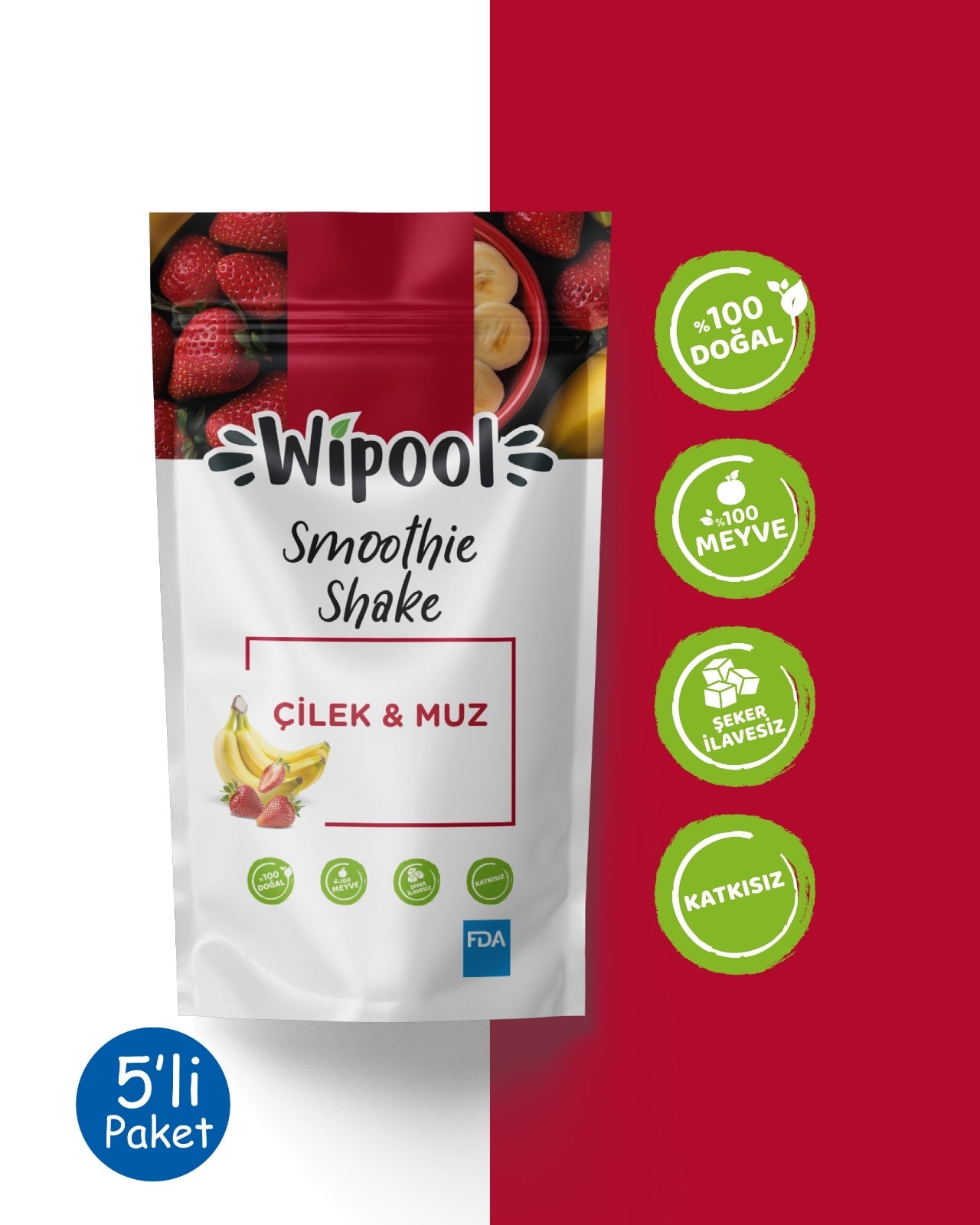 Smoothie Shake Muz-Çilek %100 Meyve (5'li Paket)