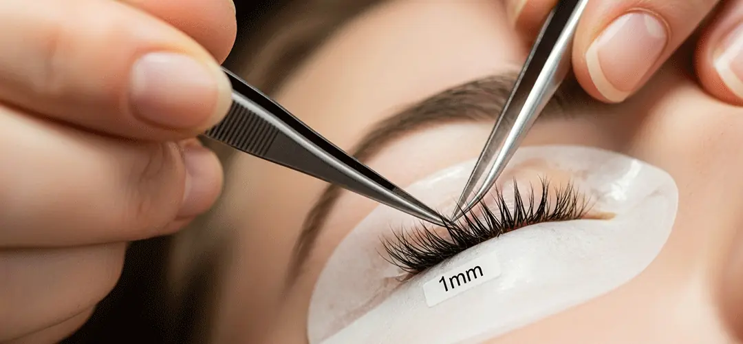 Profesyonel bir uzmanın cımbız kullanarak ipek kirpik uygulama anını gösteren yakın çekim fotoğraf.