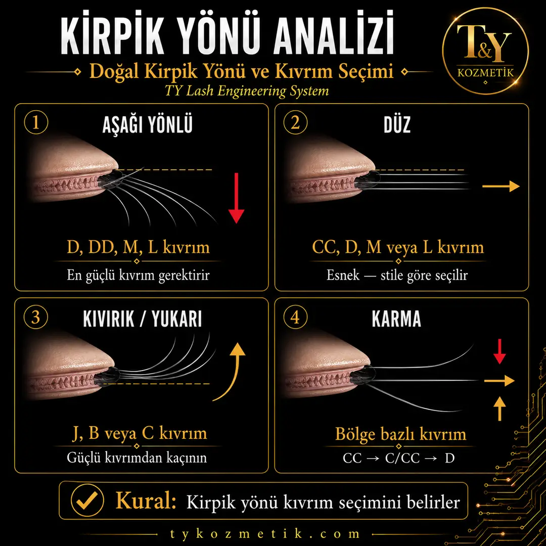Kirpik yönü analizi — Doğal kirpik yönü ve kıvrım seçimi — T&Y Lash Engineering System