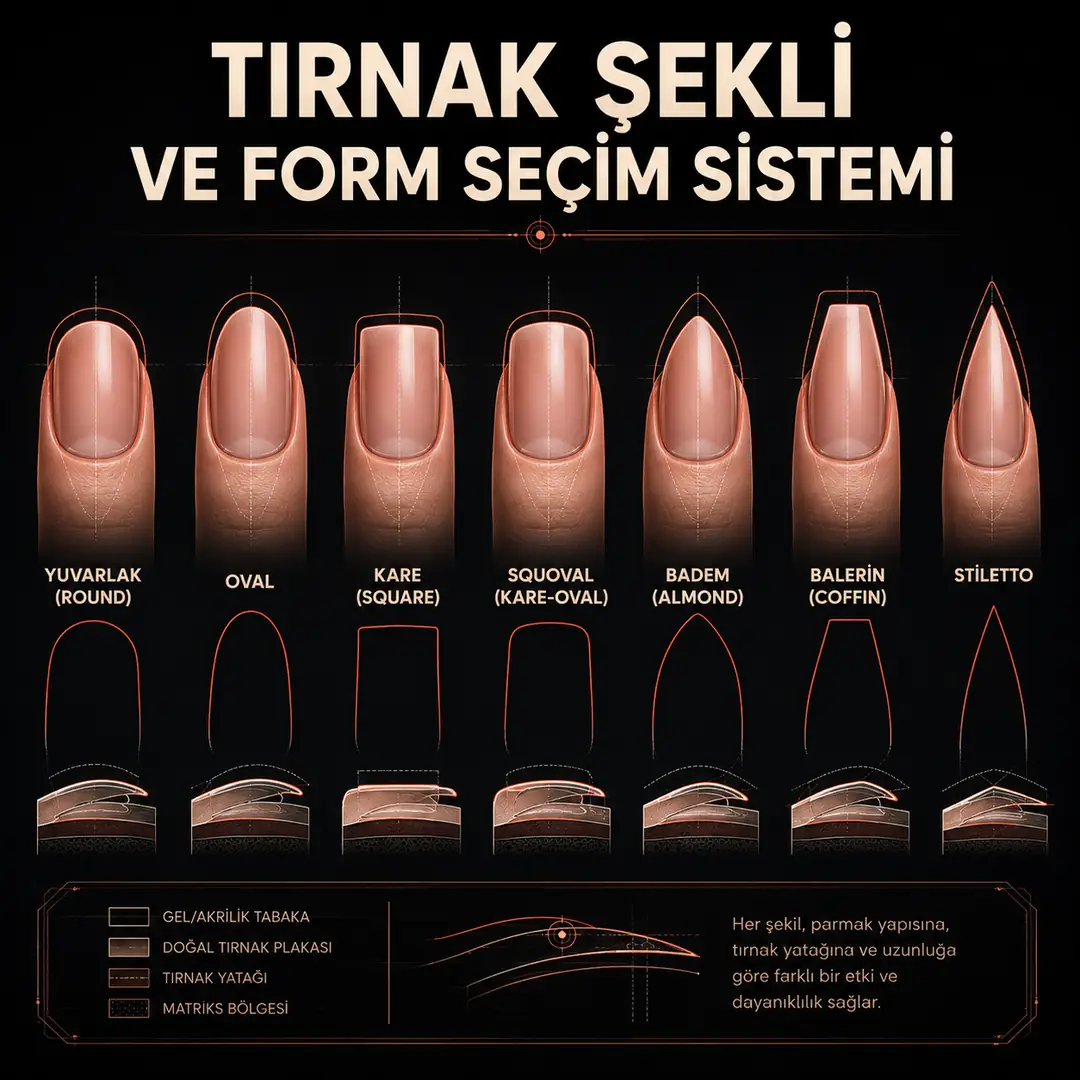 Beş temel tırnak şeklinin (badem, oval, kare, stiletto, balerin) yapısal kesit karşılaştırması