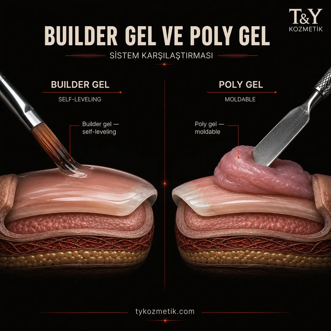 Builder gel ve poly gel sistemlerinin yan yana karşılaştırmalı kesit görünümü