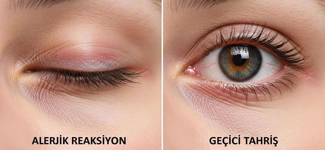İpek kirpik sonrası alerjik reaksiyon (şişmiş ve kızarık göz kapağı) ile geçici tahriş (hafif kızarıklık) arasındaki farkı gösteren karşılaştırmalı görsel.