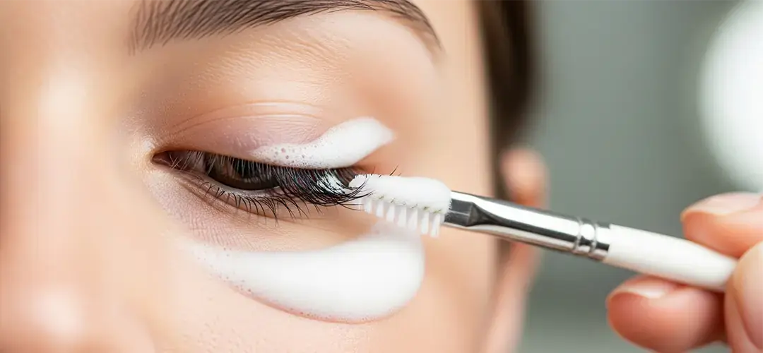 Özel bir fırça ile ipek kirpiklere nazikçe temizleme köpüğü uygulayan bir kadın