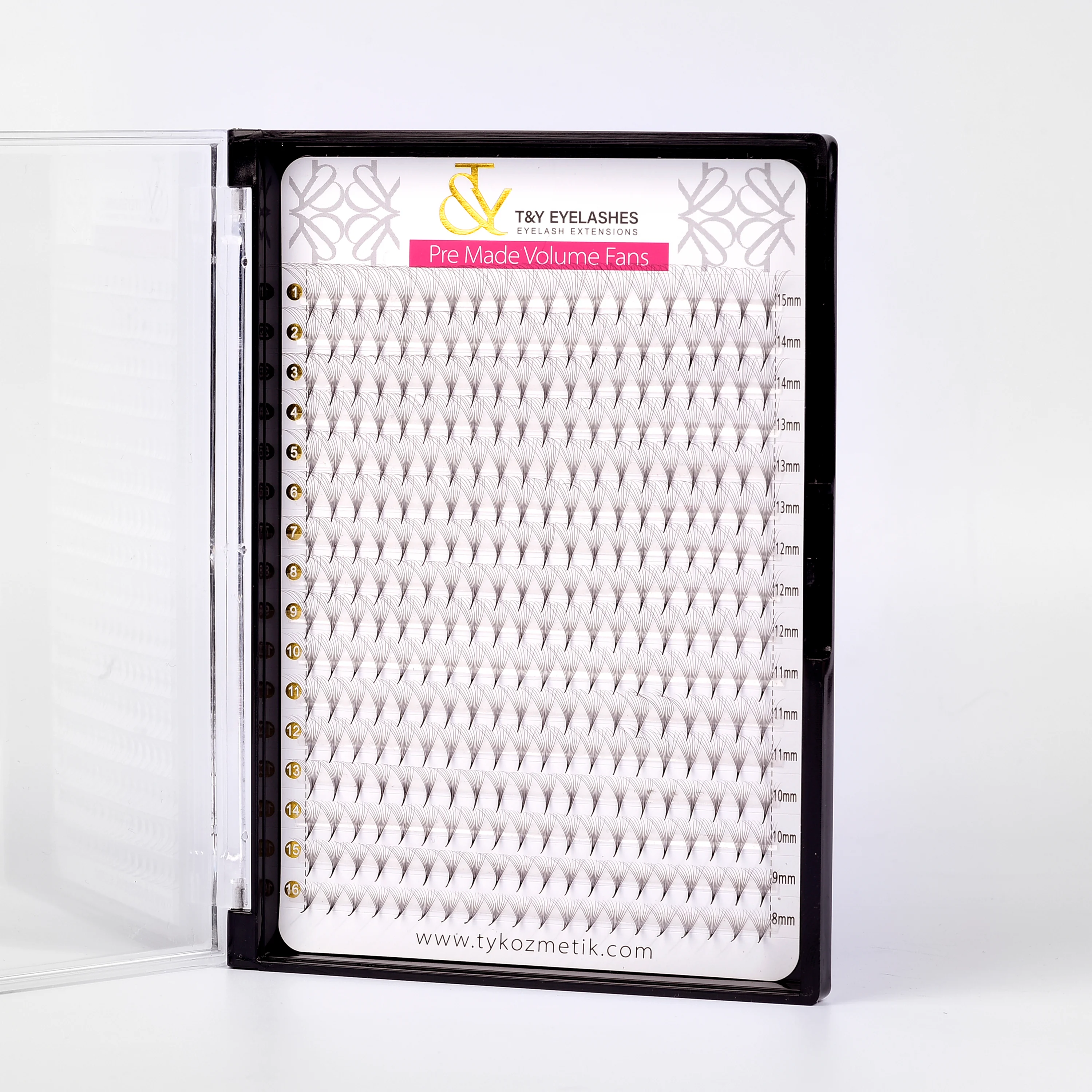 10D Hazır Demet İpek Kirpik , T&Y , CC 0,05 , Mix 8-15mm , 16 Sıra , 320 Demet