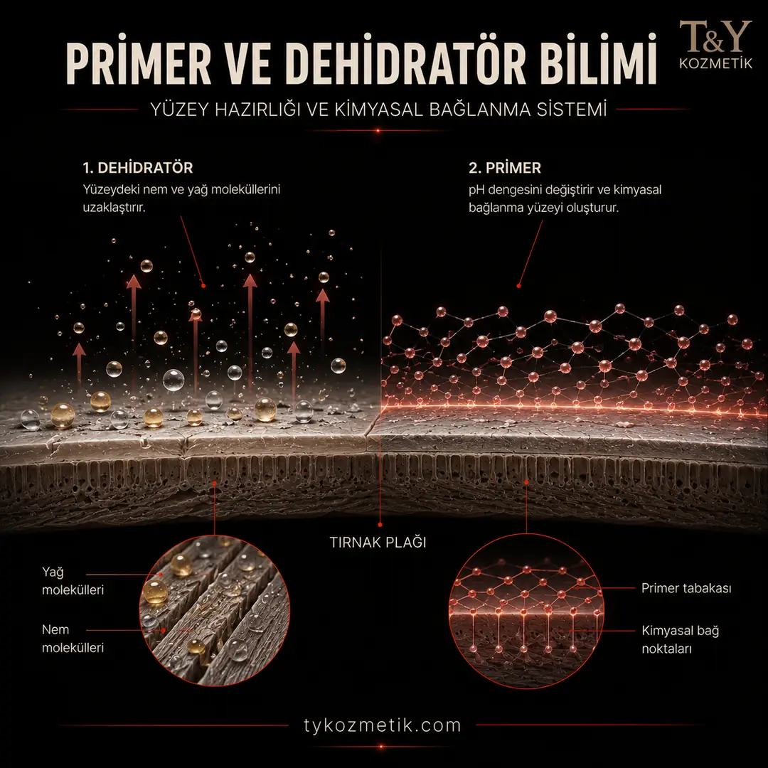 Primer ve dehidratör uygulamasının tırnak yüzeyindeki kimyasal etkisinin kesit görünümü