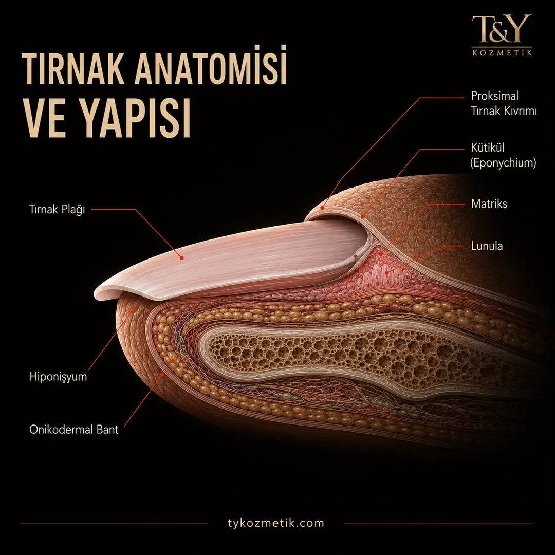 Kapak görseli: Tırnak ünitesinin tam anatomik kesiti (tırnak plağı, matriks, lunula, kütikül, hiponişyum, onikodermal bant